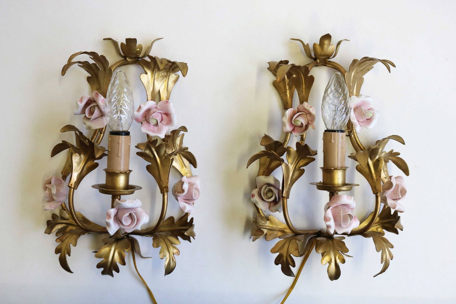 Lovely Pair Of Gilded Tole Italian Wall Sconces With Hand Made Pink Porcelain Roses Flower Wall Lights Hollywood Regency Romantic 1950 1960