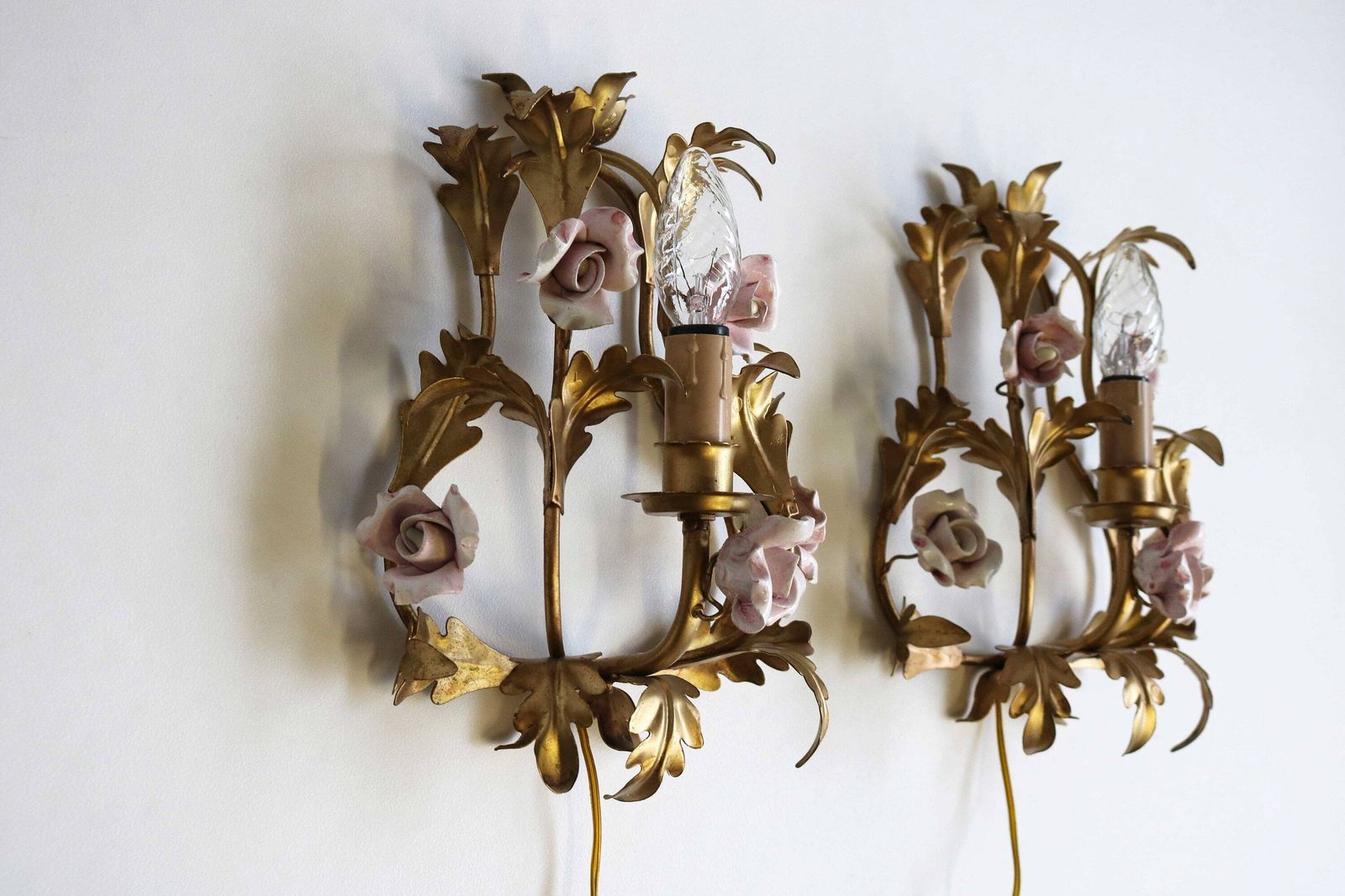 Lovely Pair Of Gilded Tole Italian Wall Sconces With Hand Made Pink Porcelain Roses Flower Wall Lights Hollywood Regency Romantic 1950 1960 photo Lighting