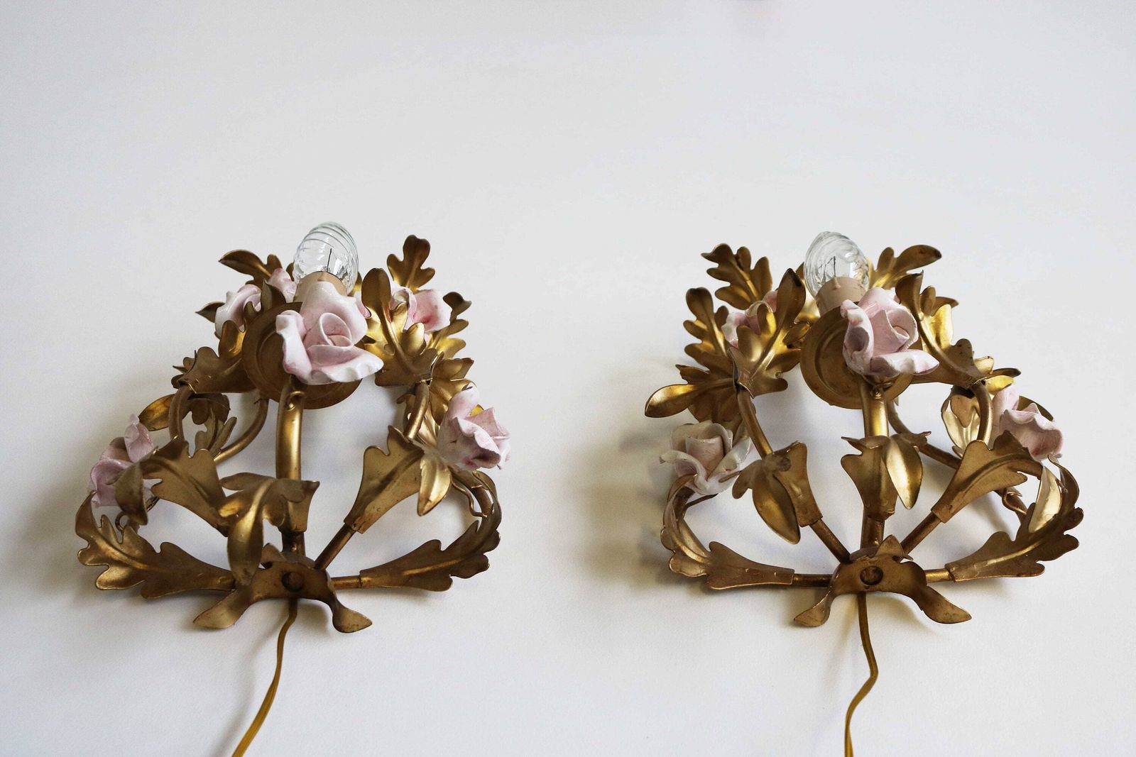 Lovely Pair Of Gilded Tole Italian Wall Sconces With Hand Made Pink Porcelain Roses Flower Wall Lights Hollywood Regency Romantic 1950 1960 photo 786.0