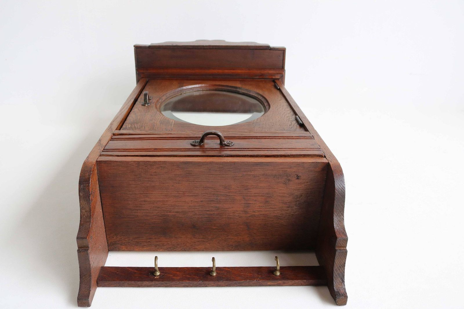 Ovale Spiegel, Vintage Houten Medicijnkastje, Badkamer  Of Keukenkastje, Lade, Klein Wandkastje, Apothekersleutelkastje, Hout, Antiek, Art Deco, 1930 photo 538.0