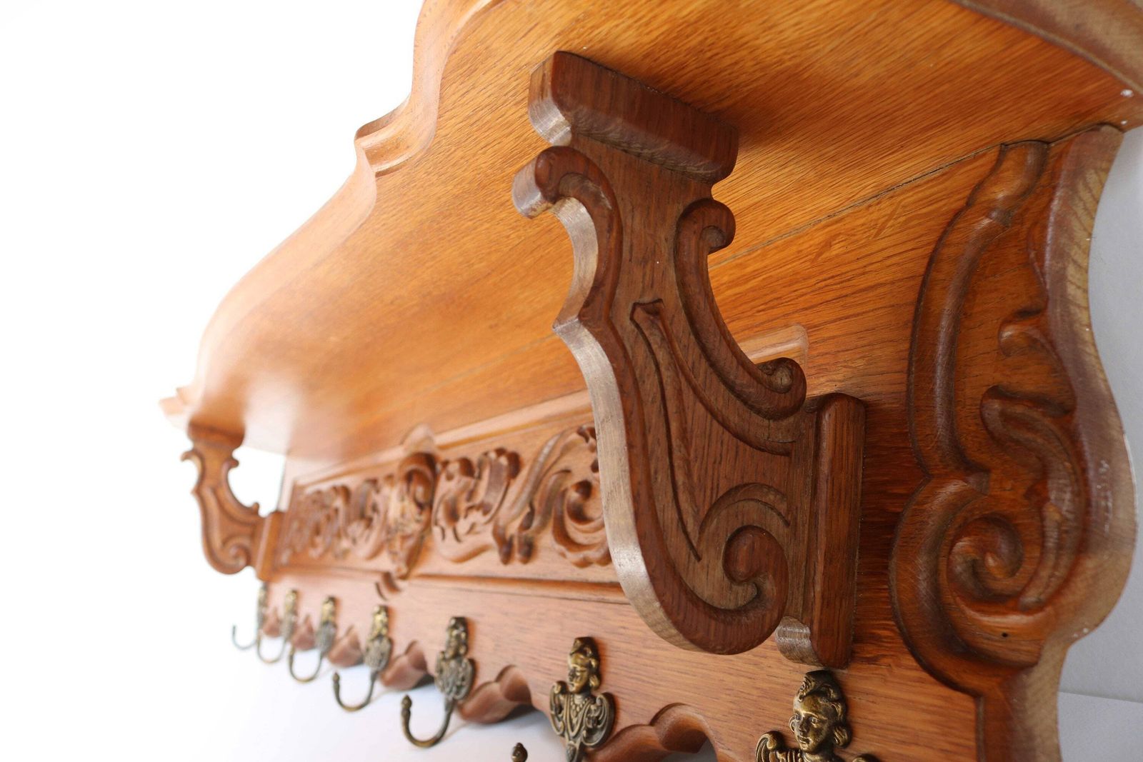 photo furniture Carved Cherub Oak Coat Hat Scarf Wall Rack Hanger Angel Brass Hooks French Louis XV Mid Century Kitchen Rack Book Shelf Country Farmhouse