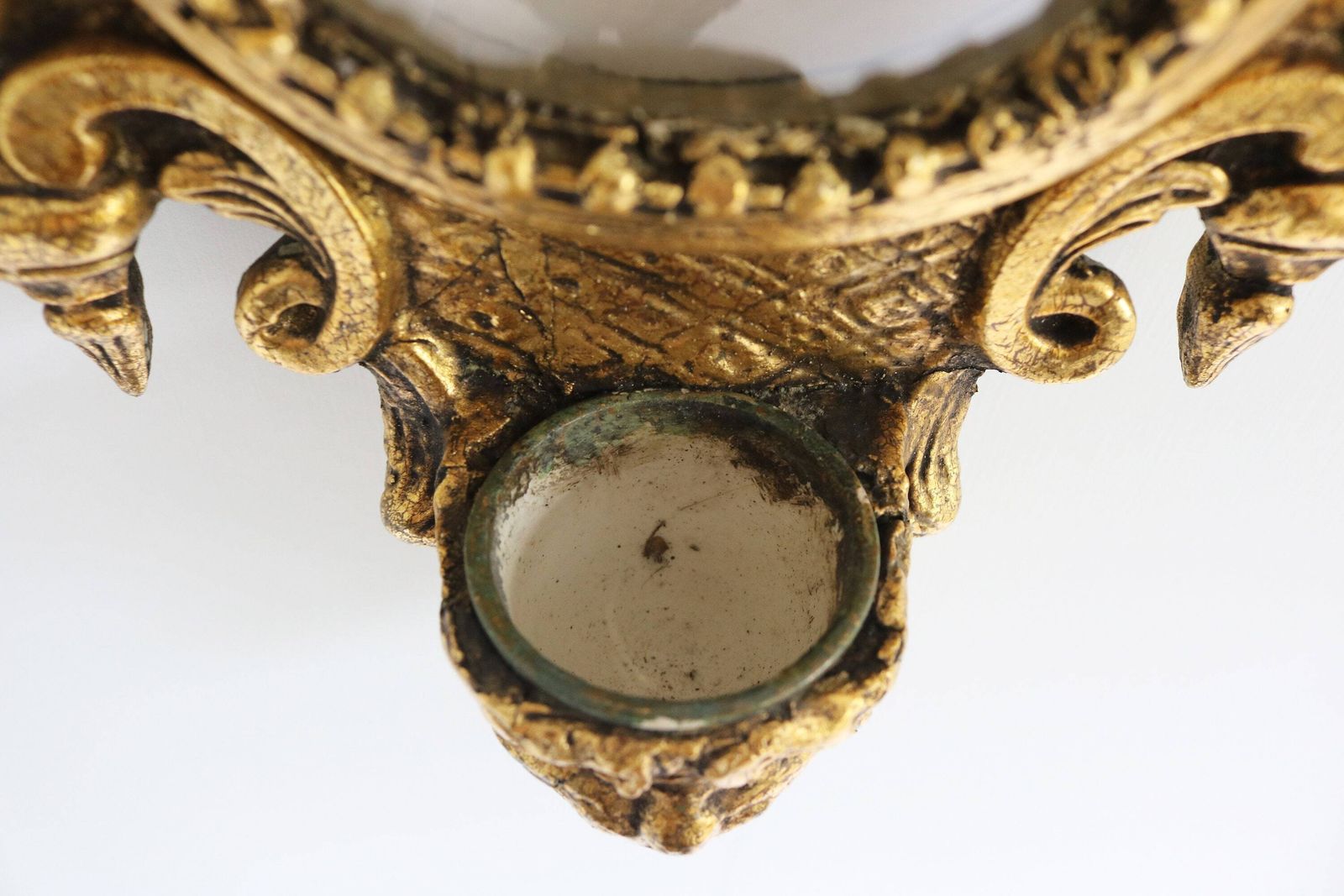 Antique Ornate Holy Water Font Sacred Heart Of Jesus Christ Oval Meerschaum Convex Glass Domed Glass Gold Gilded Carved Wood Cross French photo vinterior