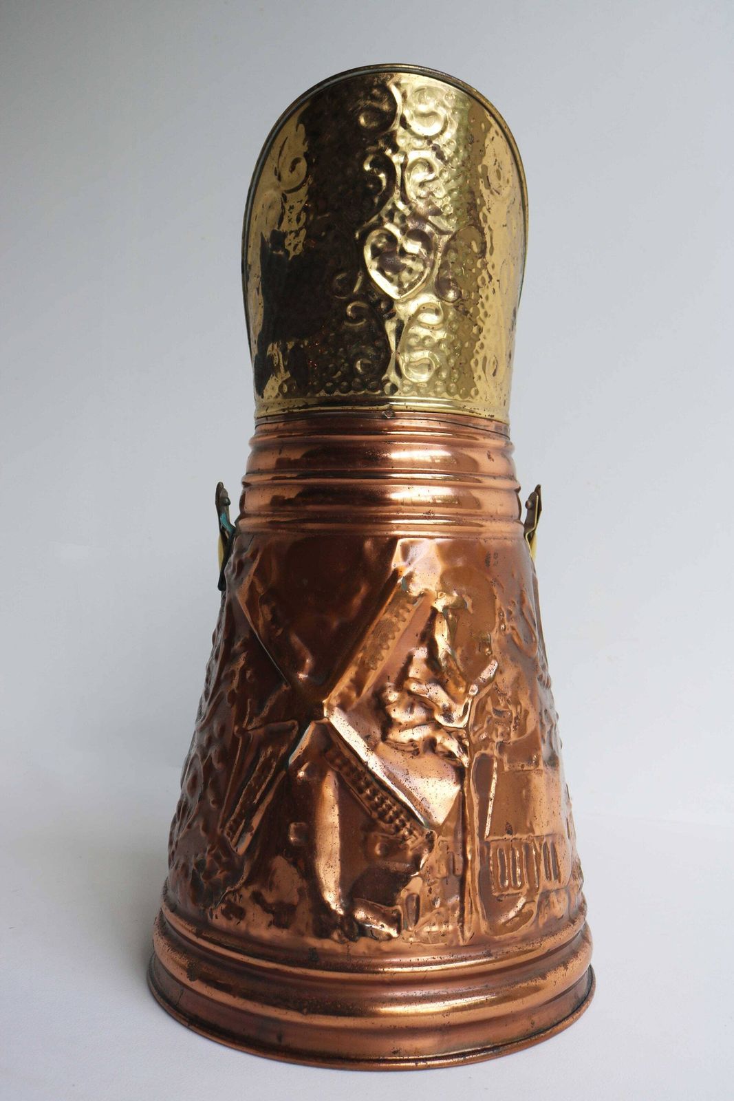 Mid 20th Century Brass Copper Coal Scuttle Umbrella Cane Stand Ash Scuttle Fireplace Bucket Dutch Embossed Mill Farmhouse 1950 1960s photo furniture