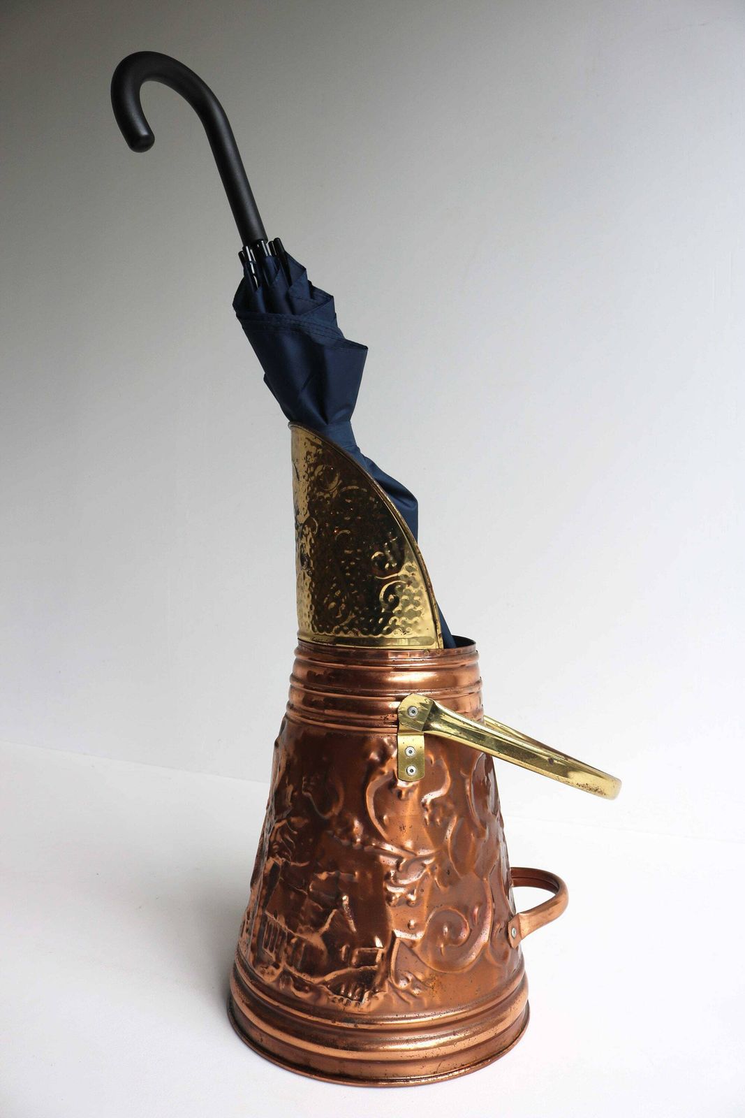 Mid 20th Century Brass Copper Coal Scuttle Umbrella Cane Stand Ash Scuttle Fireplace Bucket Dutch Embossed Mill Farmhouse 1950 1960s photo Home Decor