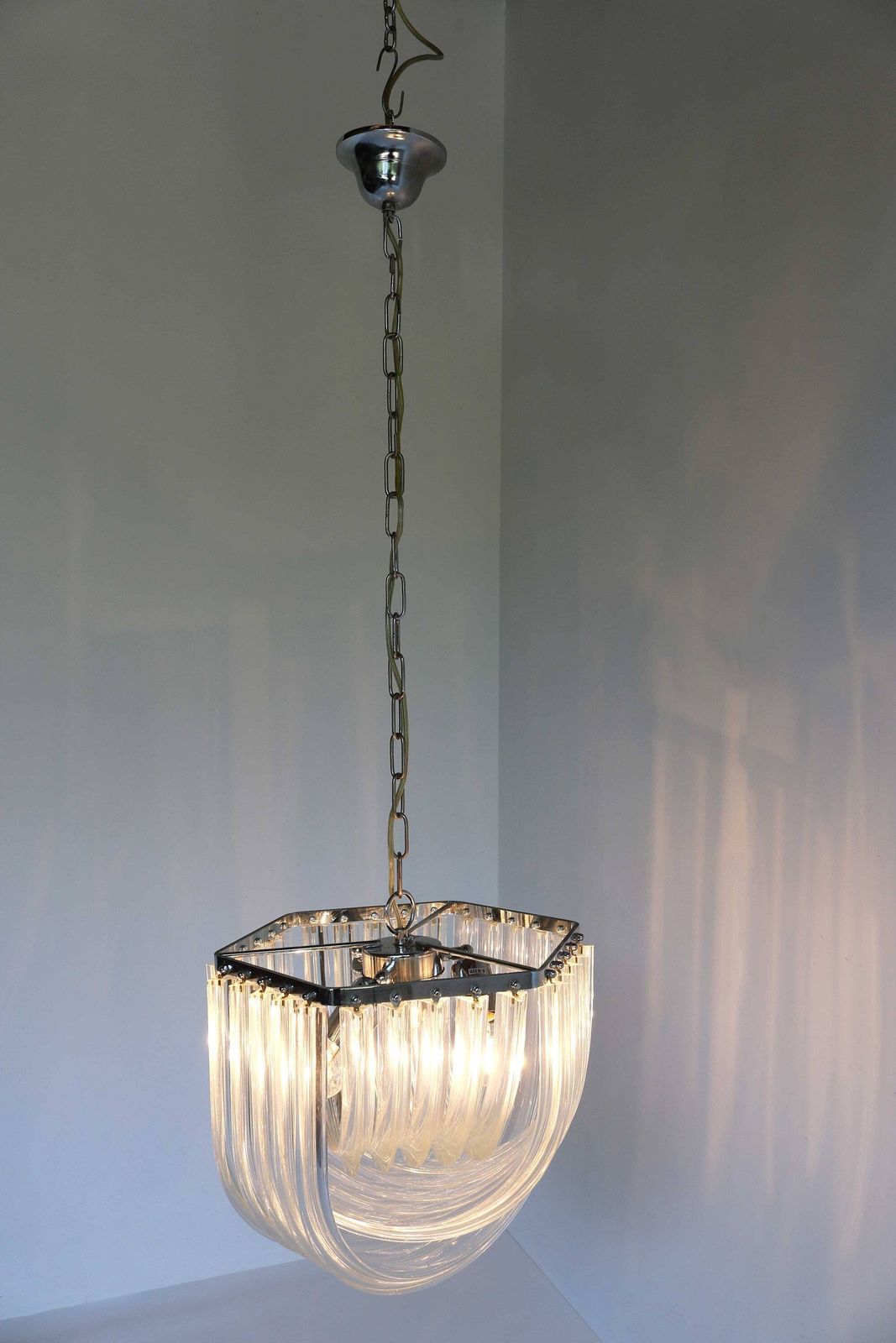photo furniture Carlo Nason Curvati Murano Glass Chandelier Mid Century Modern Triedri Chandelier Italy 1960s Venini Style
