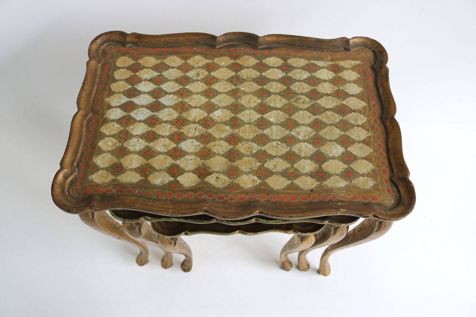 Graceful Set Of Three Italian Florentine Gold Hollywood Regency Wood Stacking Nesting Tables Additional Tables Side Tables Set Tables 1960s photo for sale