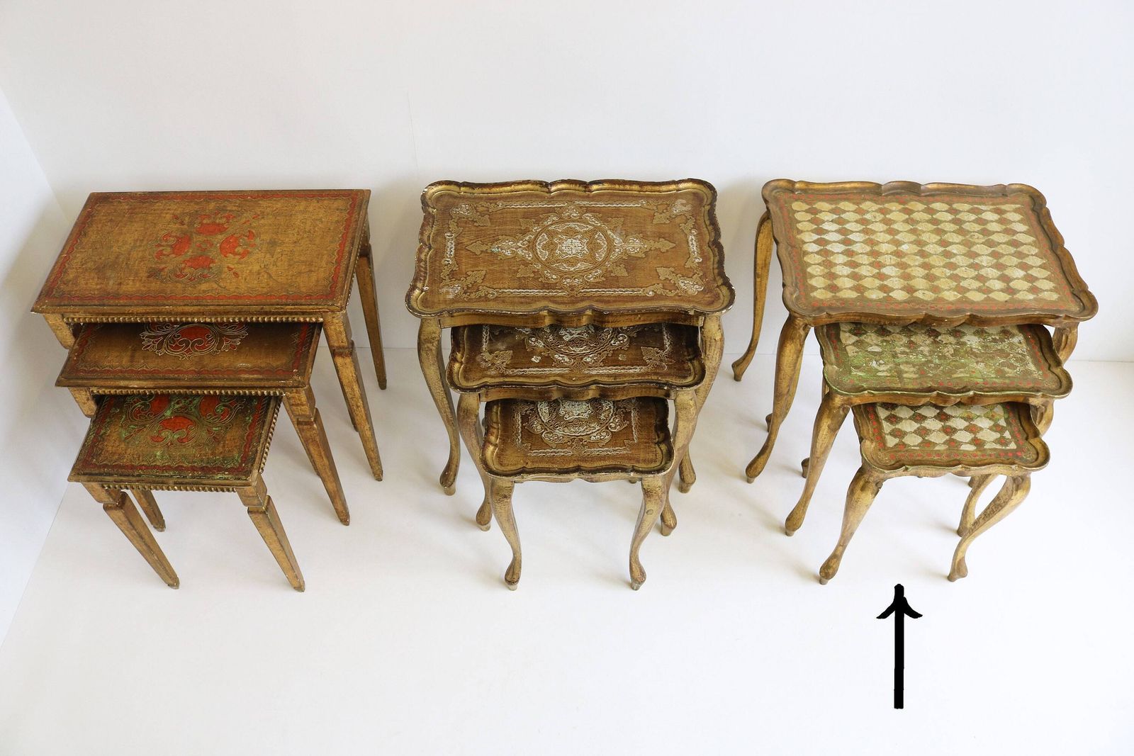 photo for sale Graceful Set Of Three Italian Florentine Gold Hollywood Regency Wood Stacking Nesting Tables Additional Tables Side Tables Set Tables 1960s
