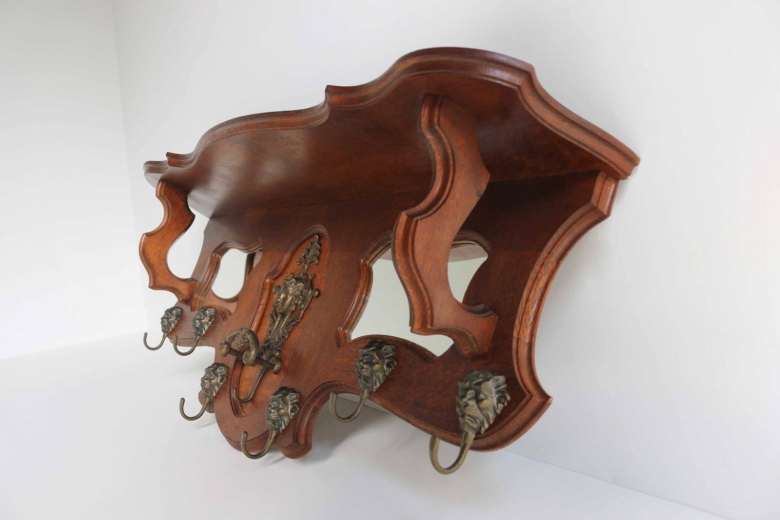 Antique Style Country Rustic Wall Hanging Coat Rack Classical Era Wooden Hall Rack Oak Hat Rack Mirrors Brass Lion Hooks Mid 20th Century photo Furniture