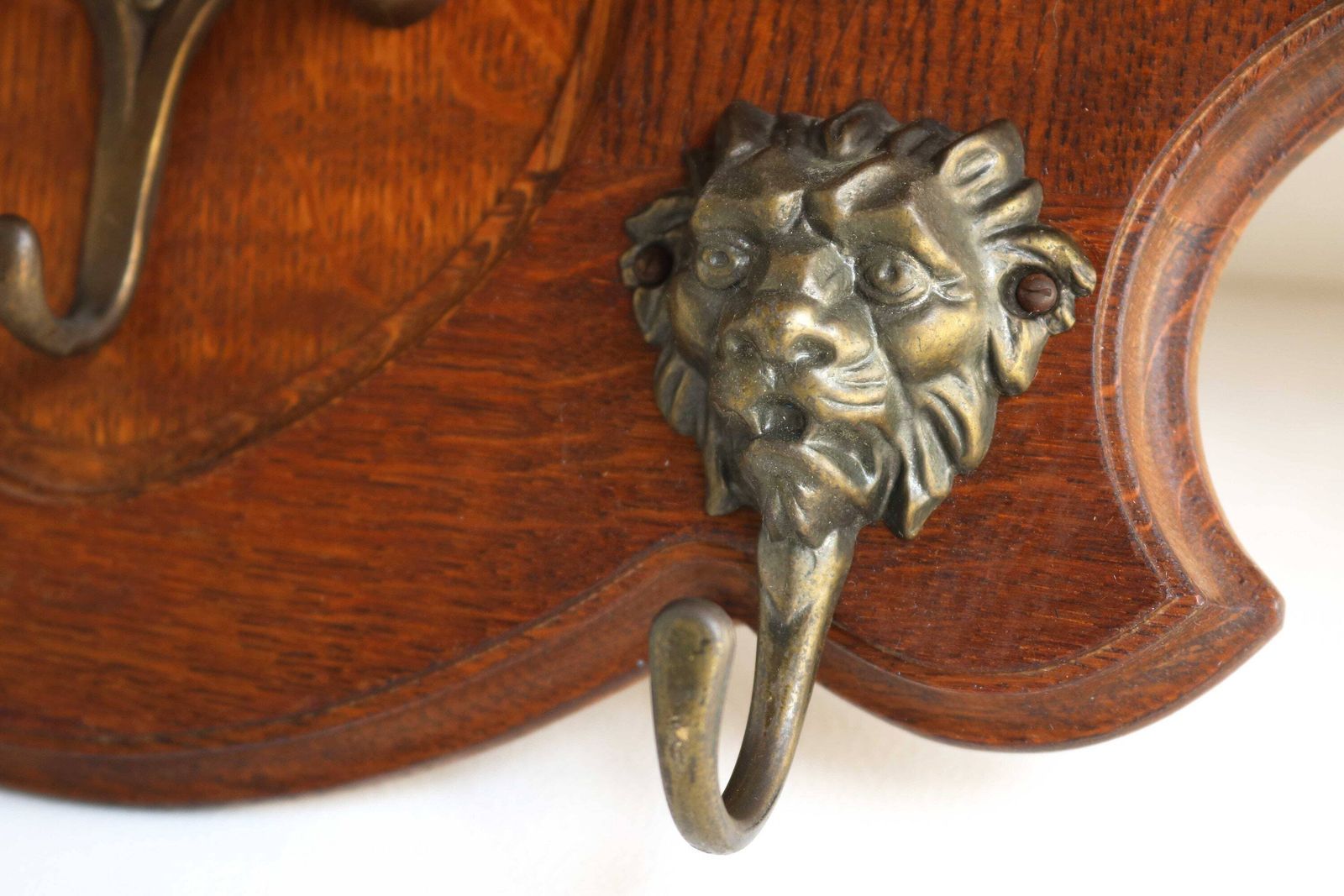 Antique Style Country Rustic Wall Hanging Coat Rack Classical Era Wooden Hall Rack Oak Hat Rack Mirrors Brass Lion Hooks Mid 20th Century photo 831.0