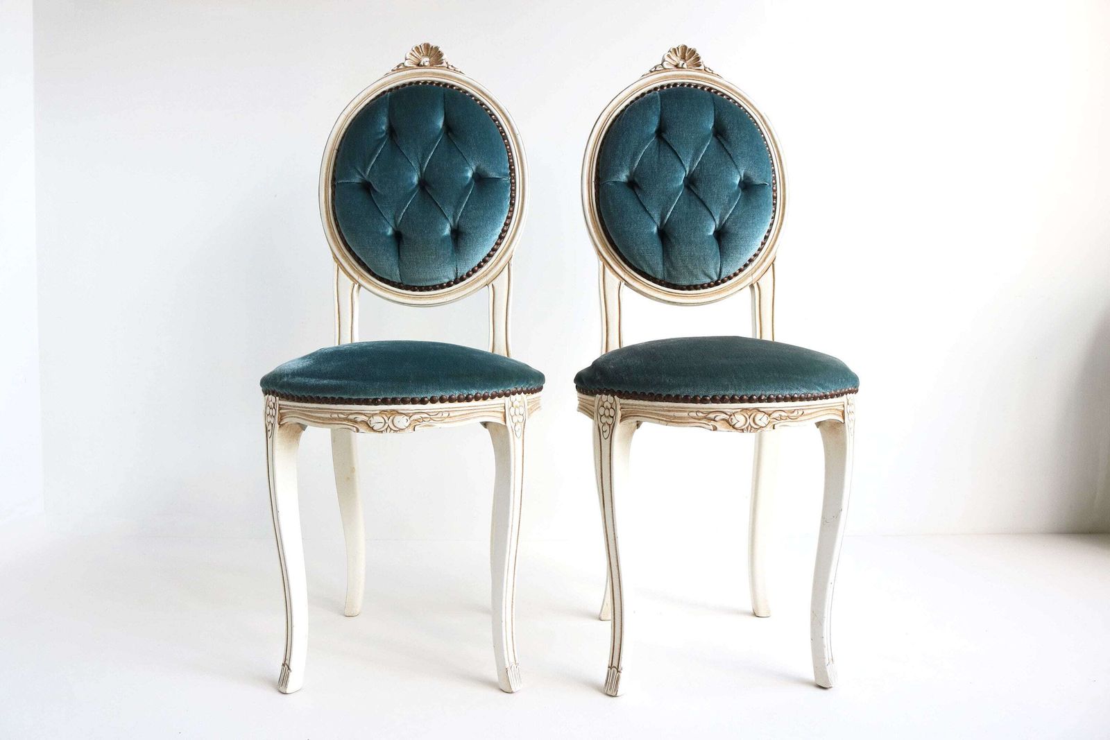 Romantic Couple Blue Velvet Small Side Chairs Italian Dining Chairs Pair Vanity Chairs Bedroom Chairs Louis XV Regency Antique Baroque Style photo for sale