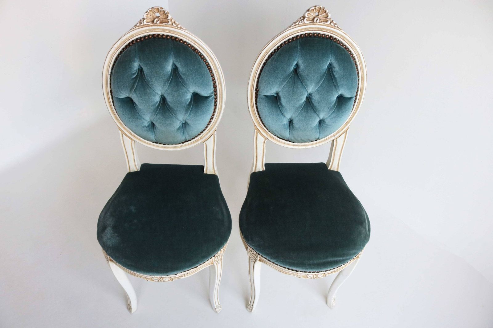 Romantic Couple Blue Velvet Small Side Chairs Italian Dining Chairs Pair Vanity Chairs Bedroom Chairs Louis XV Regency Antique Baroque Style photo Furniture