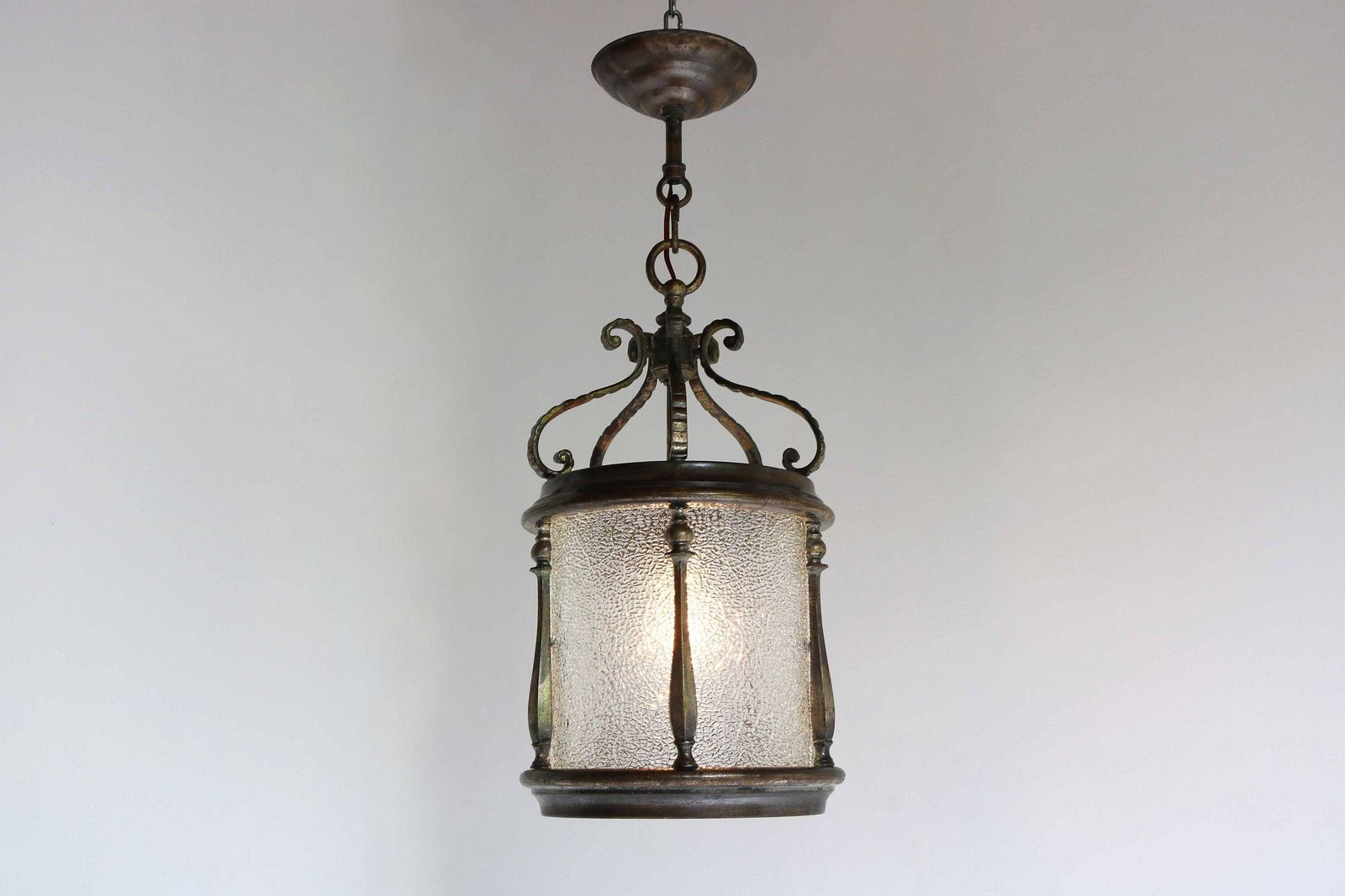 Antique Bronze Lantern With Five Textured Curved Glass Panels Handcrafted Vintage Entryway Hall Ceiling Light Pendant Brass French Ca 1900s