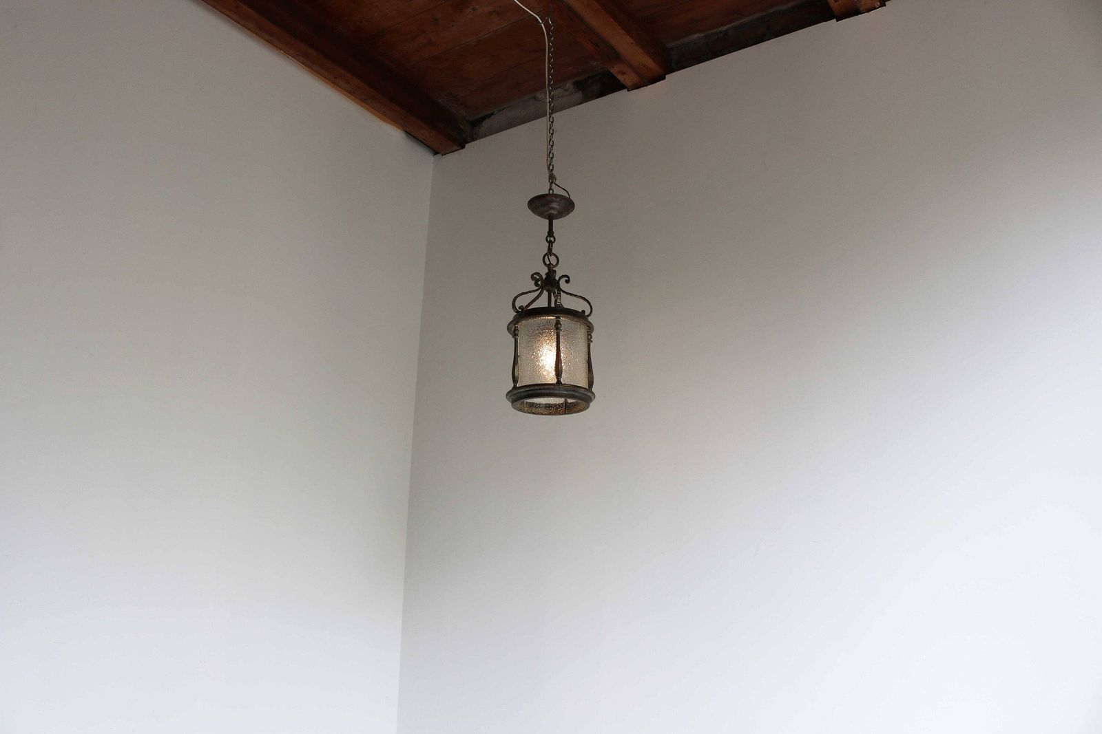 Antique Bronze Lantern With Five Textured Curved Glass Panels Handcrafted Vintage Entryway Hall Ceiling Light Pendant Brass French Ca 1900s photo for sale