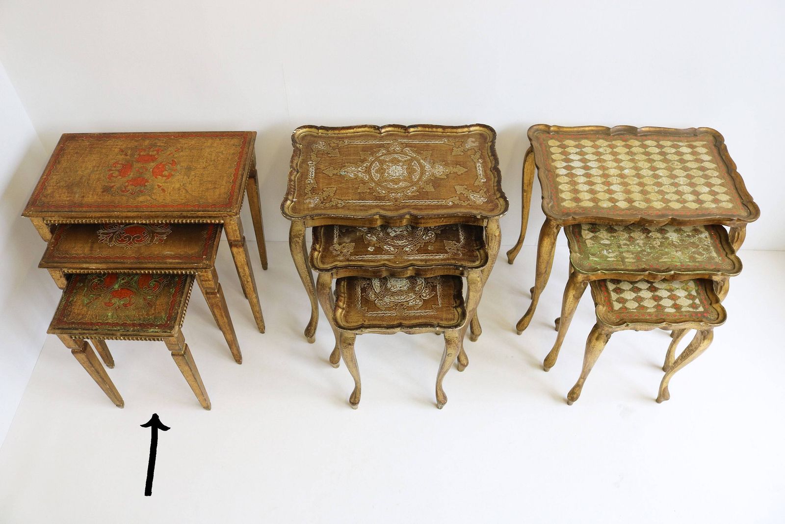 photo for sale Set Of Three Italian Florentine Gold Hollywood Regency Wood Stacking Nesting Tables Straight Legs Additional Tables Side Tables 1960s