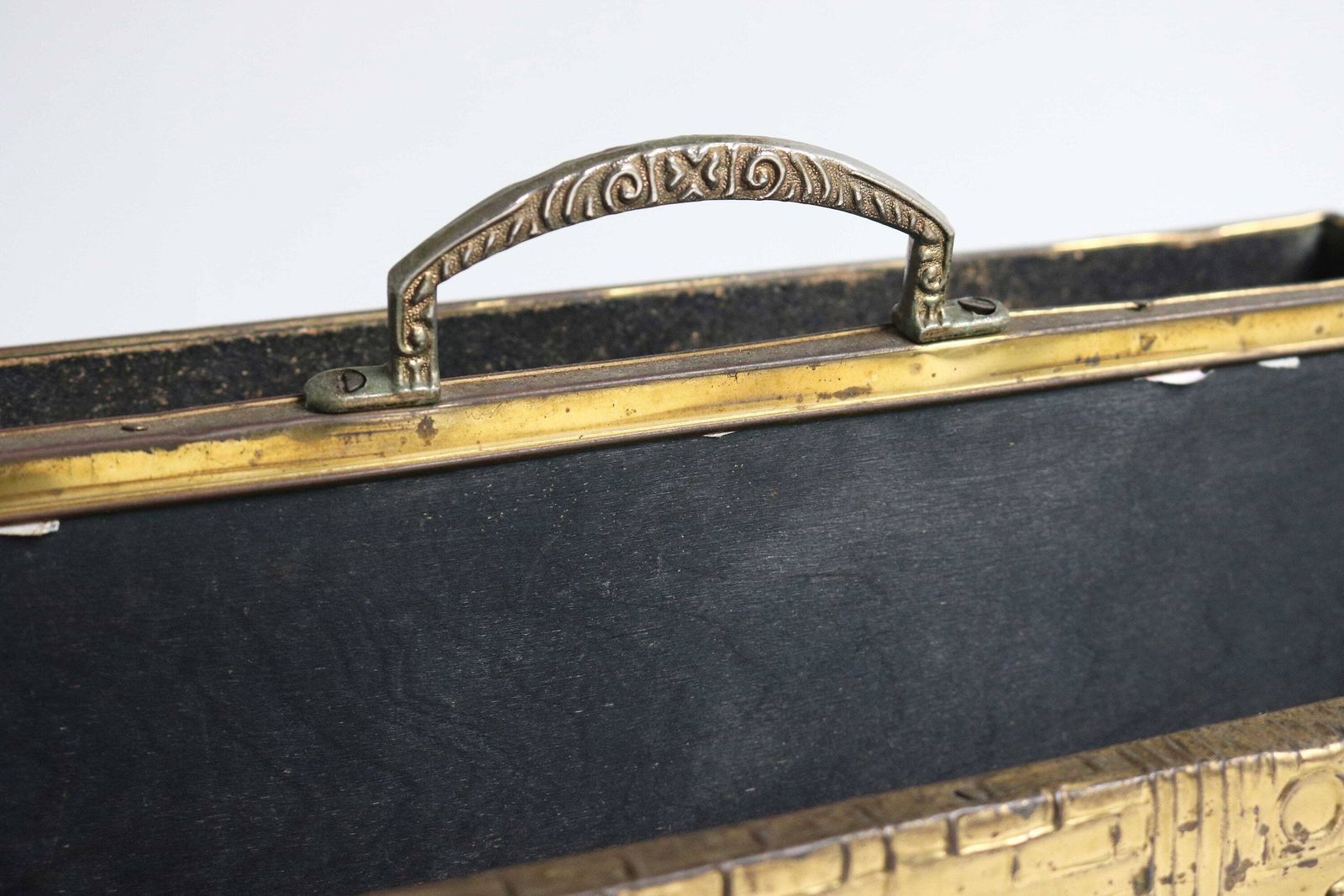 Vintage Brass Record Rack Magazine Rack Embossed Relief Repousse Scene Covered Wood Box Fireplace Two Section Book Holder England 1960s photo Furniture