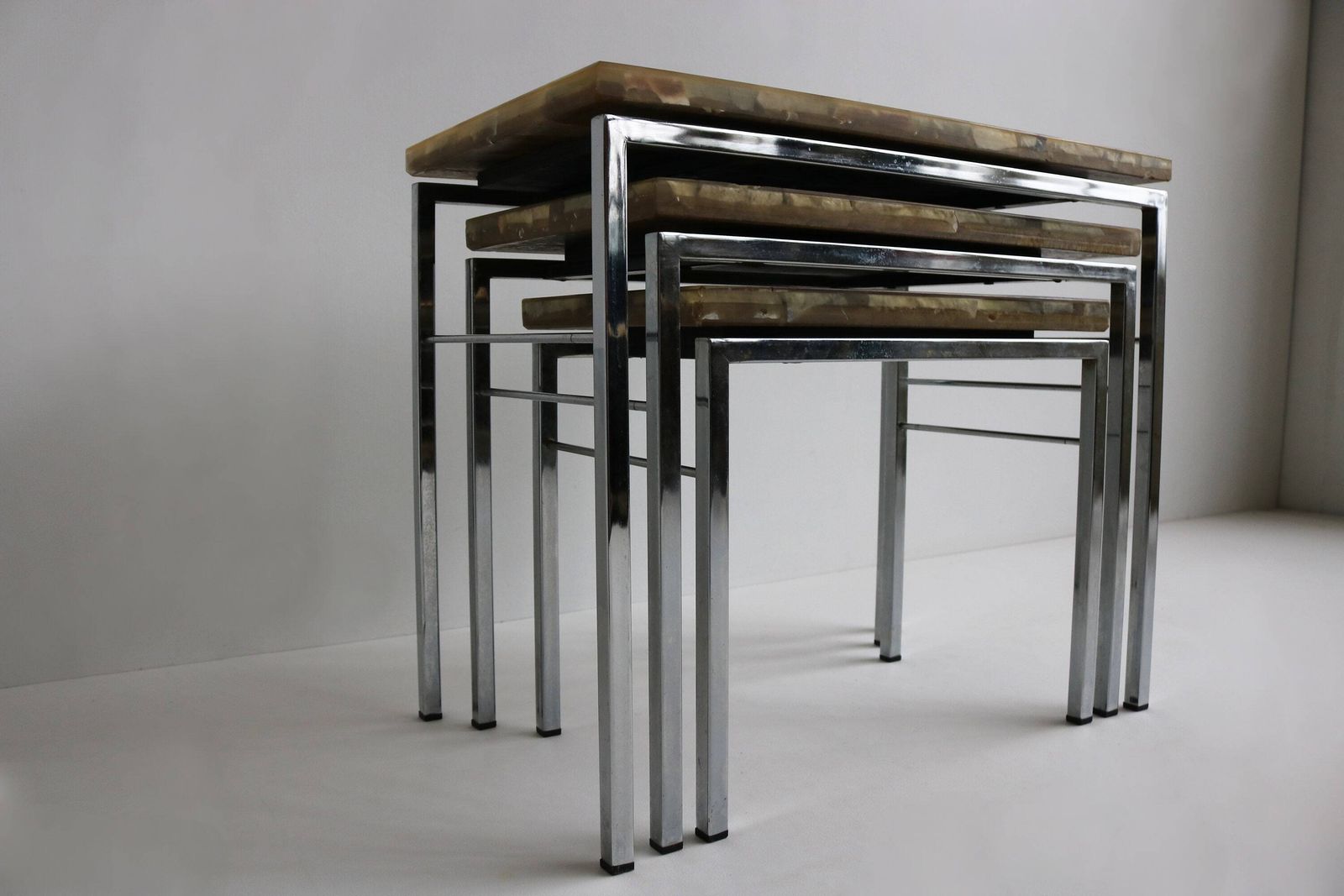 Vintage Design Onyx And Epoxy Nesting Tables Mimiset Chromed Base 60s Mimi Set Three Side Tables Sixties Stone Tables Mid Century End Tables photo Furniture