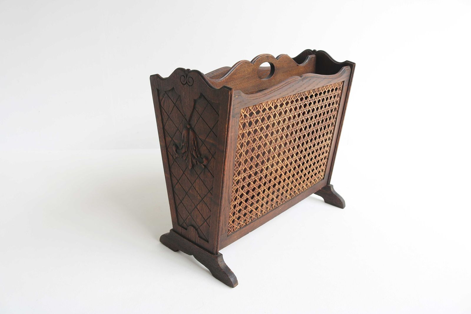 Gorgeous Wood Carved French Midcentury Antique Style Magazine Rack With Rattan Newspaper Stand Magazine Holder Reading Basket 1950s photo furniture