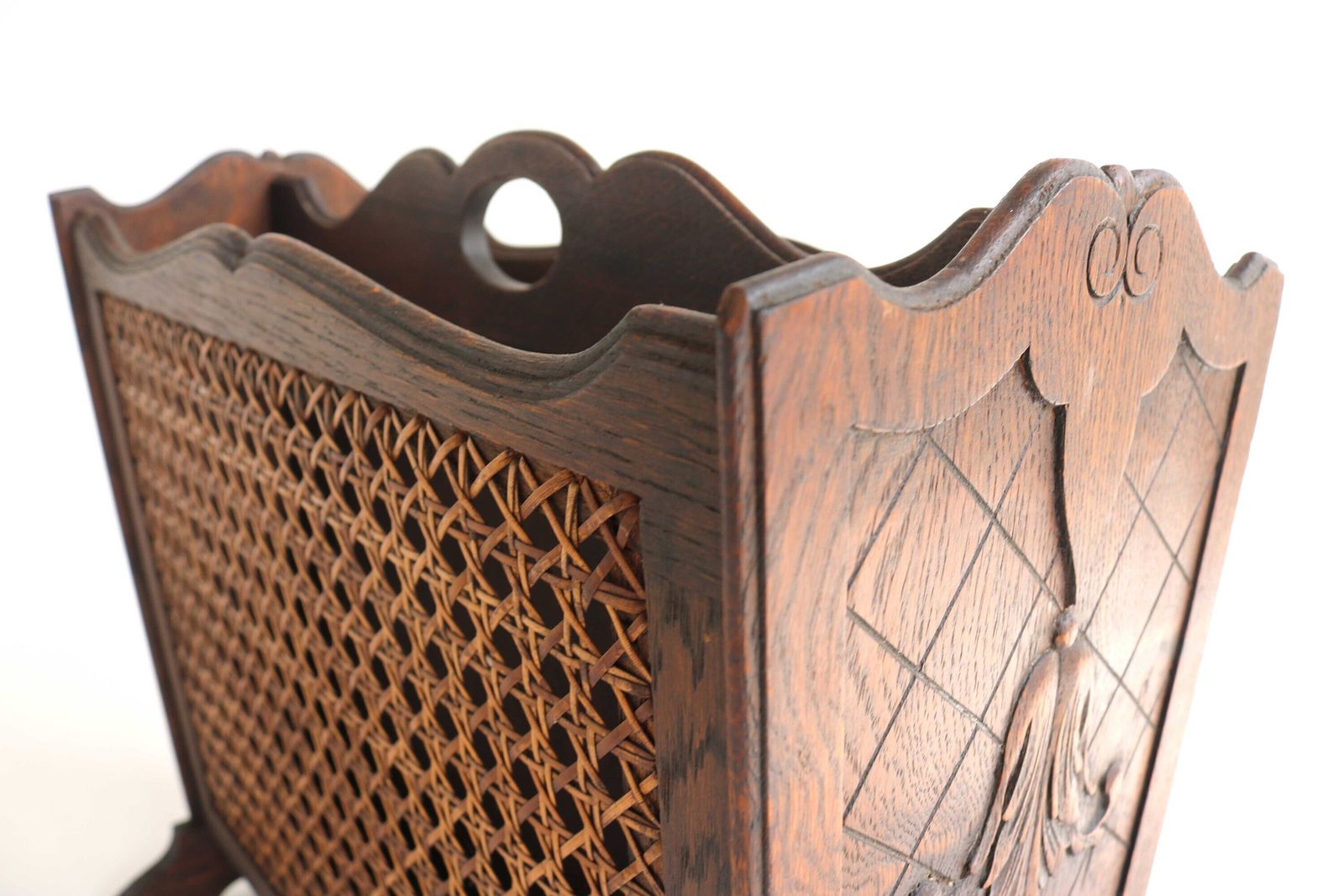 Gorgeous Wood Carved French Midcentury Antique Style Magazine Rack With Rattan Newspaper Stand Magazine Holder Reading Basket 1950s photo 382.0