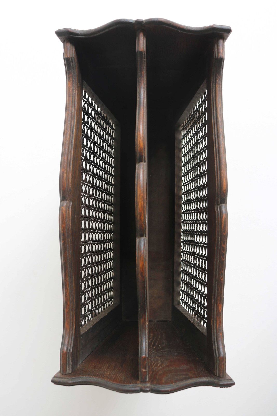 Gorgeous Wood Carved French Midcentury Antique Style Magazine Rack With Rattan Newspaper Stand Magazine Holder Reading Basket 1950s photo vinterior