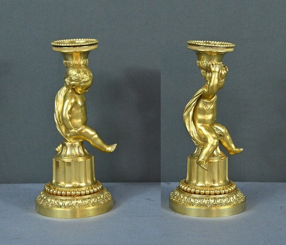 photo vinterior Pair Of Gilt Bronze Candlesticks, Louis XVI – Mid 19th Century
