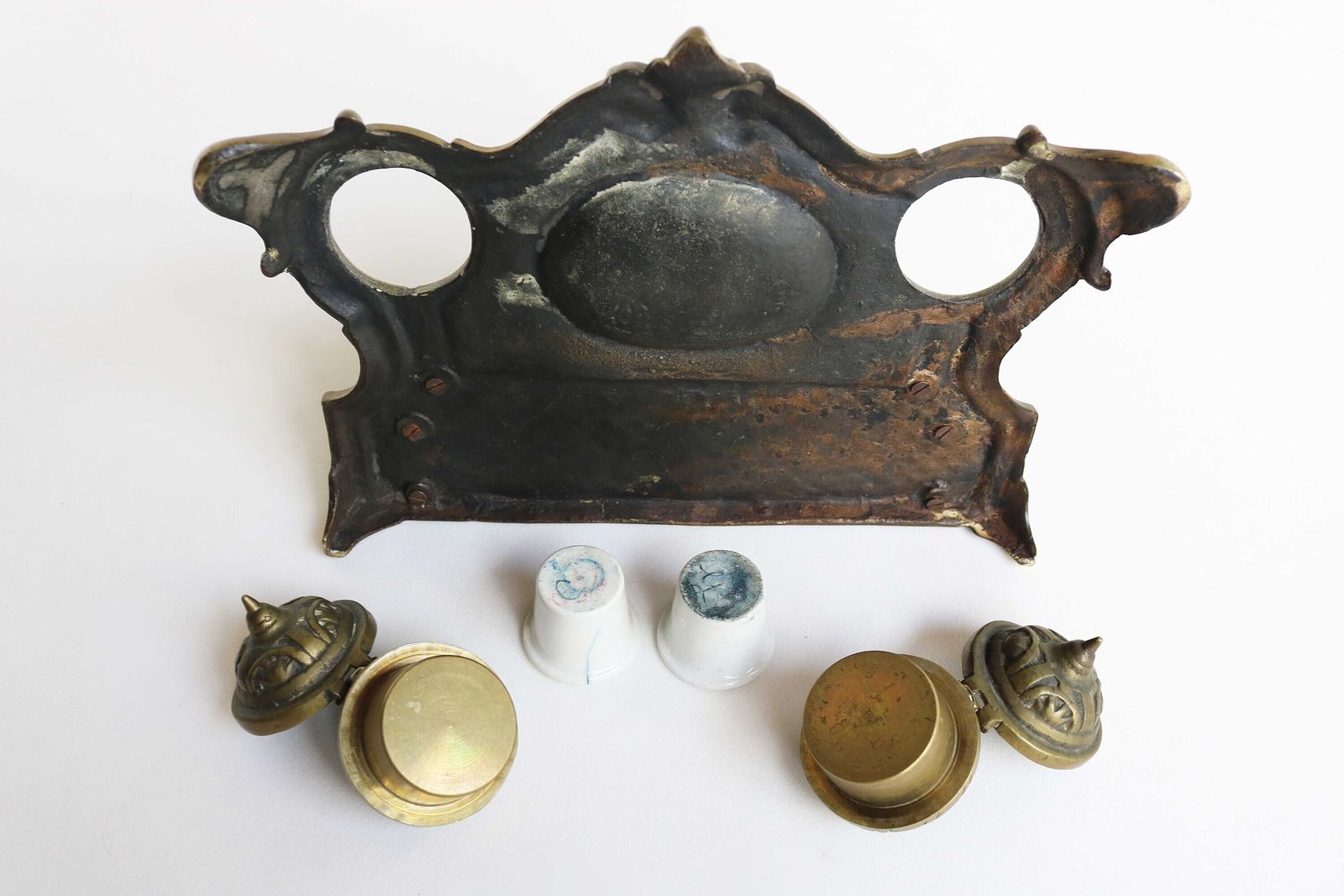 photo furniture Antique Bronze Desk Stand With Double Inkwells Letter Rack And Porcelain Ink Holders, Hand Crafted France 1900s