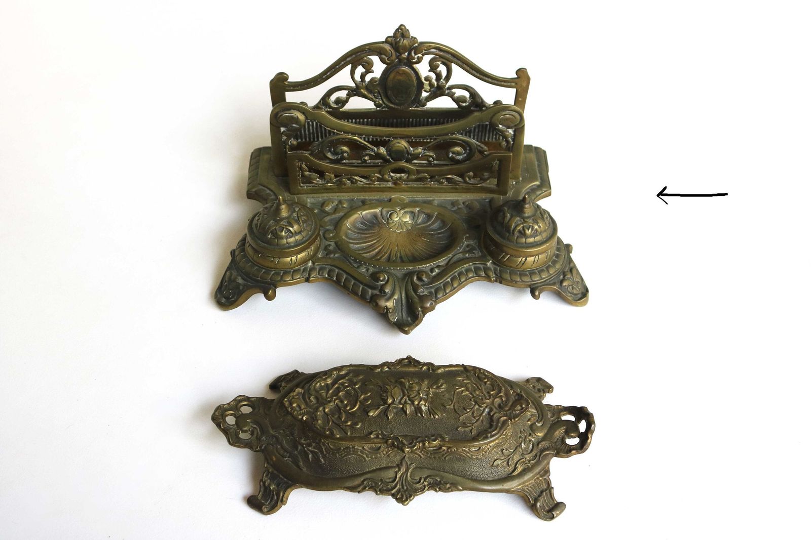 photo for sale Antique Bronze Desk Stand With Double Inkwells Letter Rack And Porcelain Ink Holders, Hand Crafted France 1900s