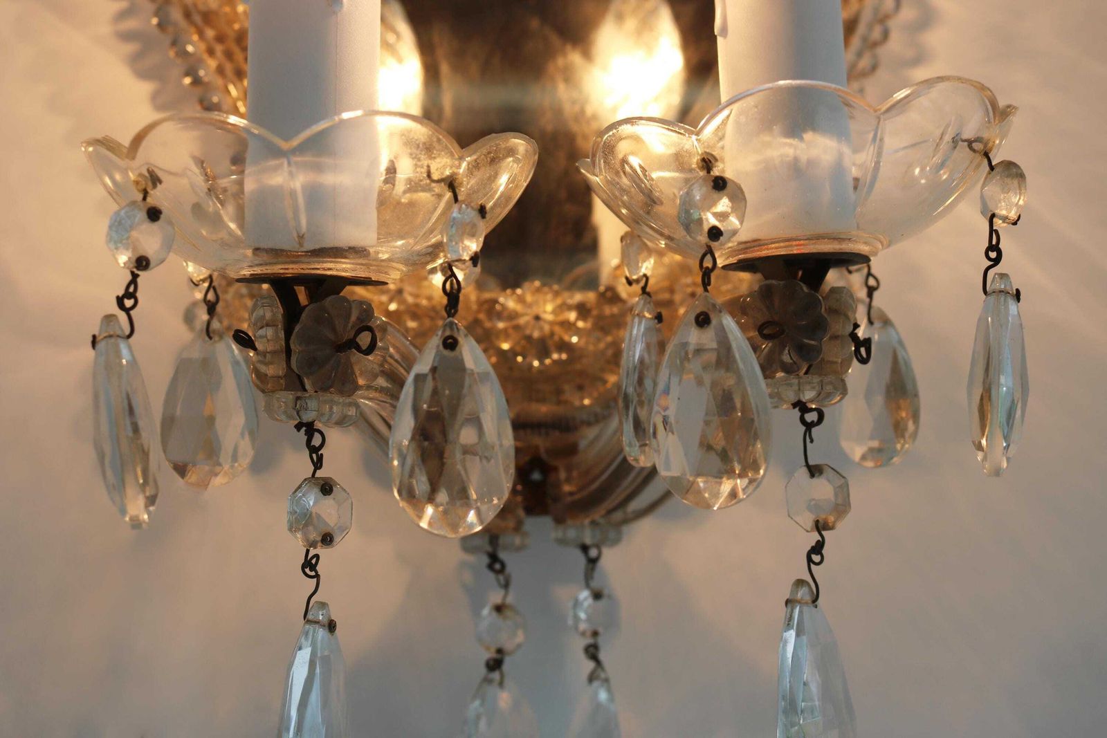 Murano Glass Venetian Style Wall Lamp With Mirror Two Arm Glass Sconce, Vintage Italian Floral Wall Light 1950s photo for sale