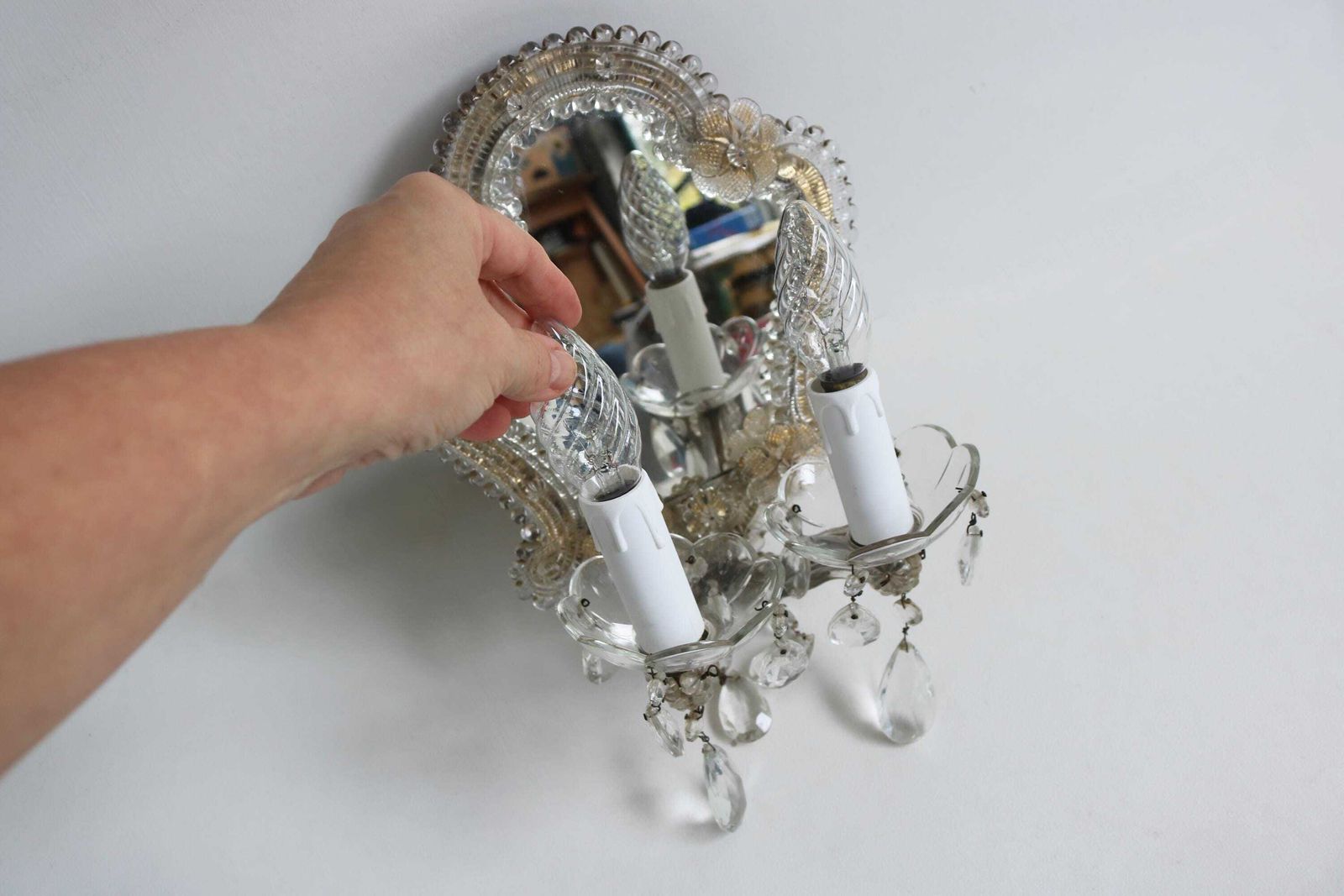 Murano Glass Venetian Style Wall Lamp With Mirror Two Arm Glass Sconce, Vintage Italian Floral Wall Light 1950s photo vintage