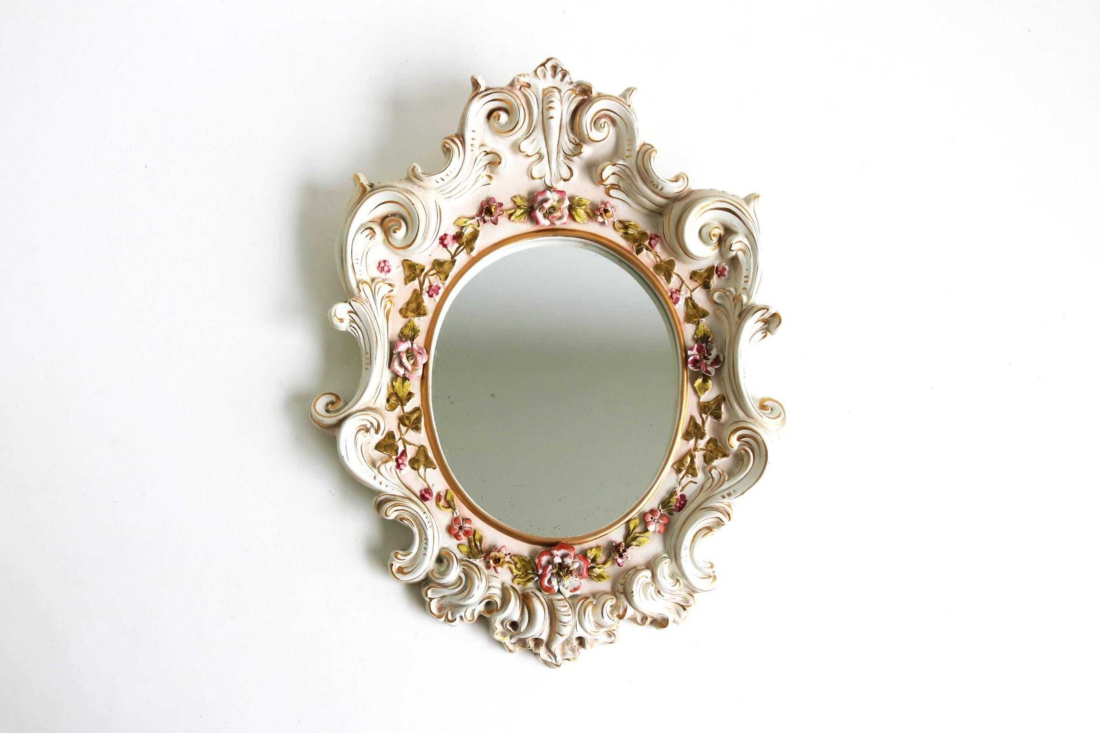 Italian Ceramic Porcelain Mirror Flowers Capodimonte Style Wall Mirror Floral Italy Mid 20th Century By "Massive Made In Italy"
