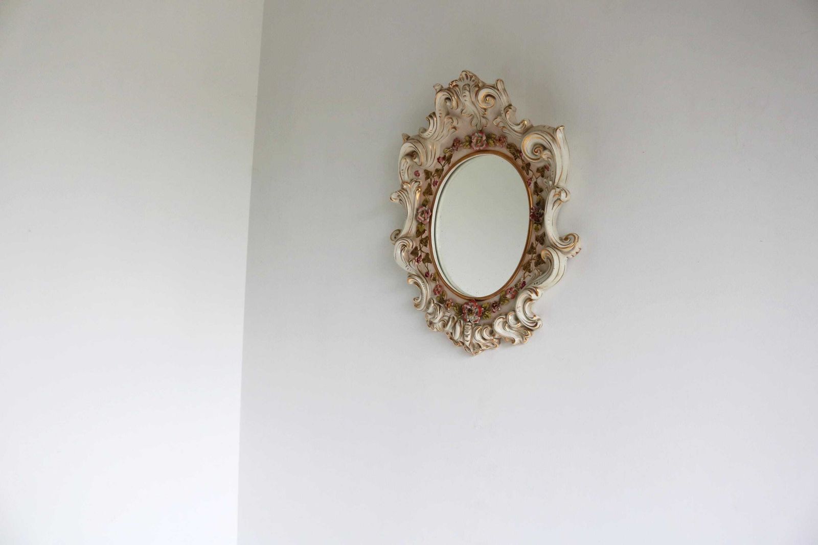 Italian Ceramic Porcelain Mirror Flowers Capodimonte Style Wall Mirror Floral Italy Mid 20th Century By "Massive Made In Italy" photo vinterior