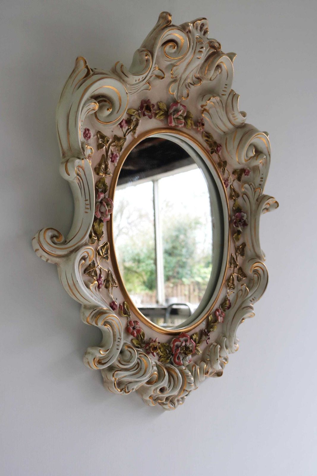 Italian Ceramic Porcelain Mirror Flowers Capodimonte Style Wall Mirror Floral Italy Mid 20th Century By "Massive Made In Italy" photo buy