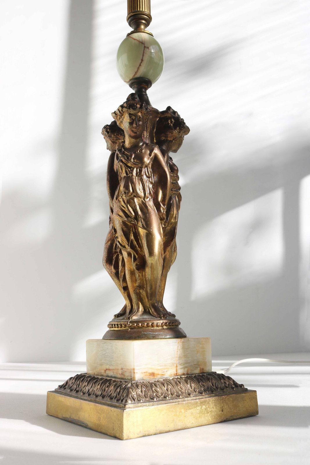The Three Graces Mid Century Table Lamp Base 1970's Deknudt Belgium Hollywood Regency Brass Onyx Light Desk Lamp Godess Caryatids Cariatides photo furniture
