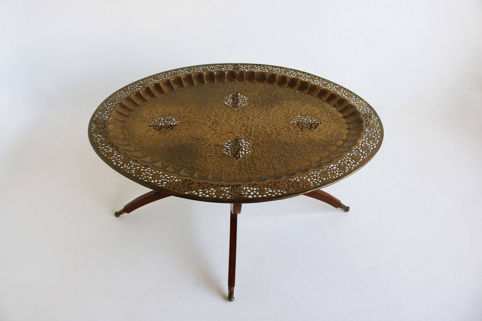 Mid Century Modern Oval Brass Tea Tray Table Moroccan Coffee Table With Spider Leg Base 1960s Carlo Di Carli Style Boho Chic 2 Piece Set photo vinterior
