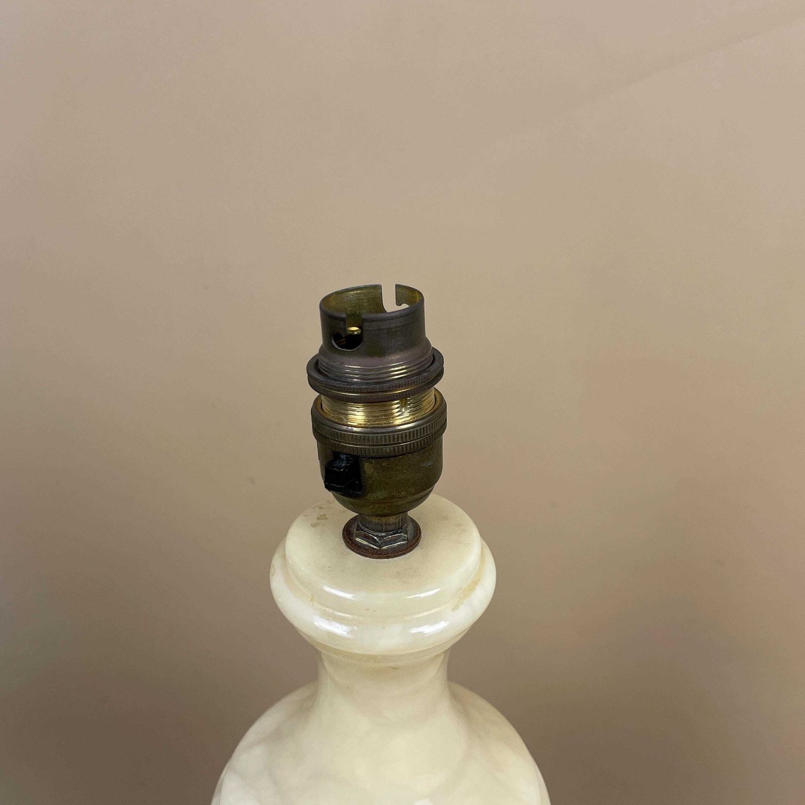 Antique Marble Lamp Light Bedside Side Table Desk Round Base Marbled Patterned Detail Vintage Pattern Off White Cream Stone Pillar Heavy photo for sale