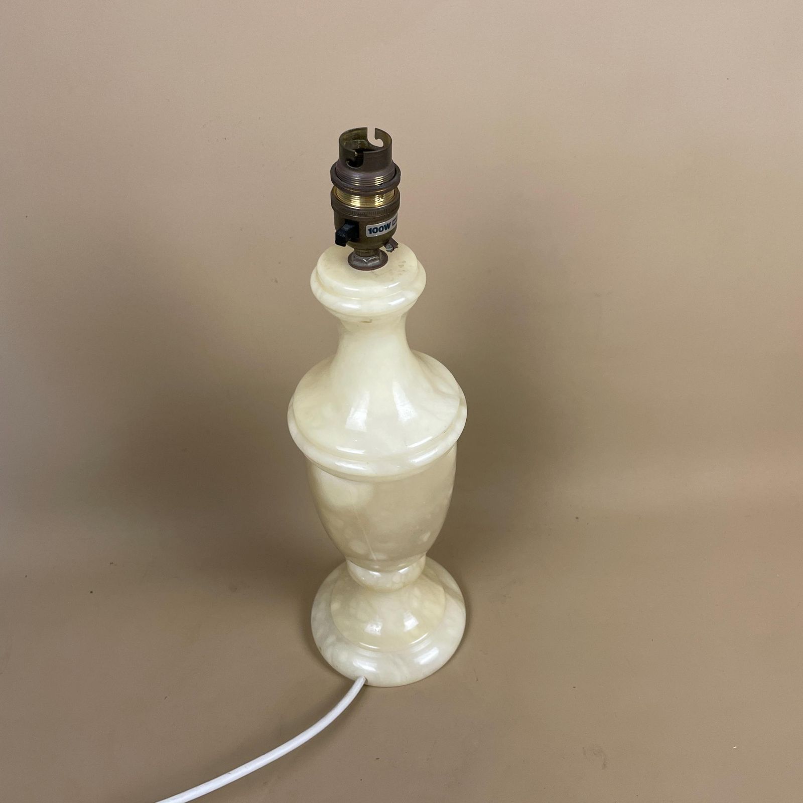 Antique Marble Lamp Light Bedside Side Table Desk Round Base Marbled Patterned Detail Vintage Pattern Off White Cream Stone Pillar Heavy photo vinterior