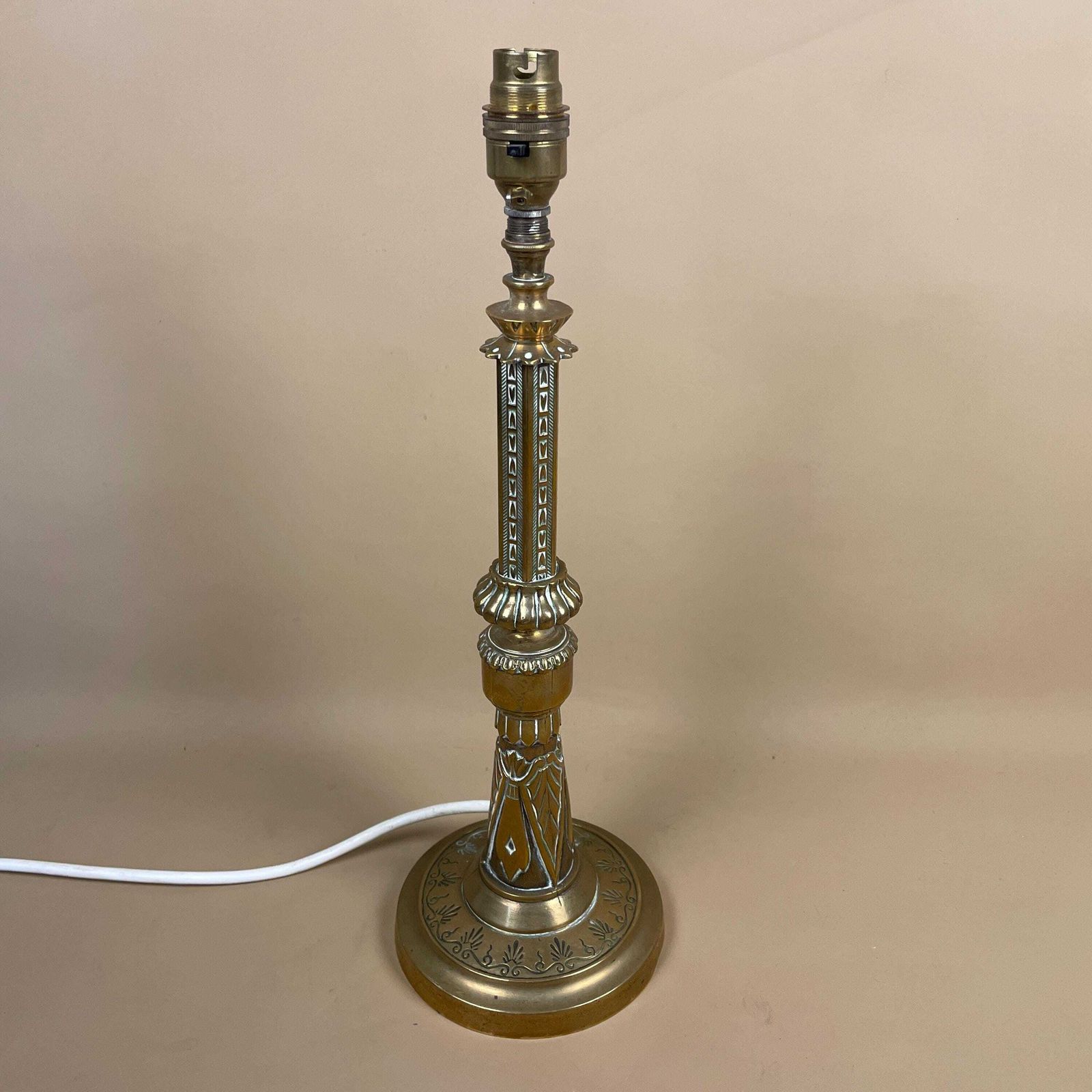 Antique Metal Gold Brass Lamp Light Bedside Side Table Desk Column Ornate Round Base Vintage Lamps Pillar Medium Patterned photo for sale