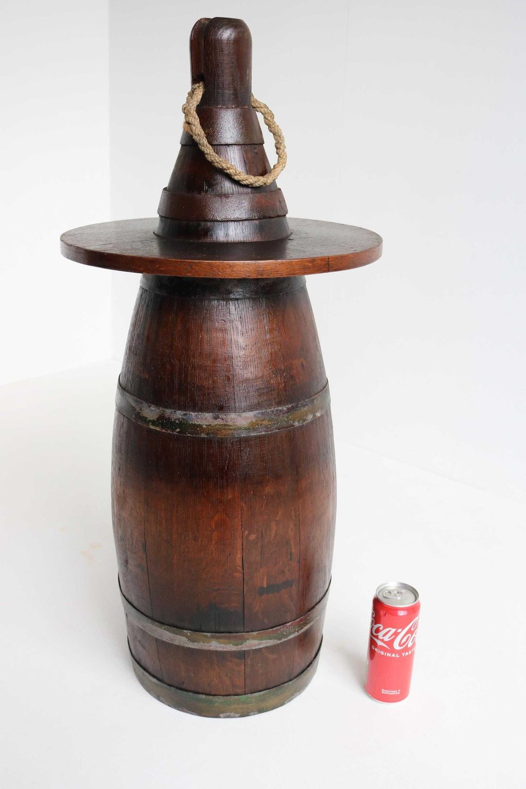 Rare Antique Oak Wooden Dutch Herring Float Buoy Liquor Cabinet Bar Nautical Side Table Coastal Decor Marked Dutch Lion, Ca. 1900s photo vintage
