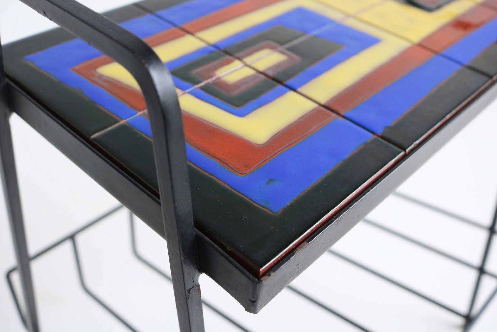 Juliette Belarti Style Vintage Handmade Tile Top Iron Magazine Rack 50s Funky Magazine Holder Retro Side Table Mid Century Newspaper Rack photo furniture