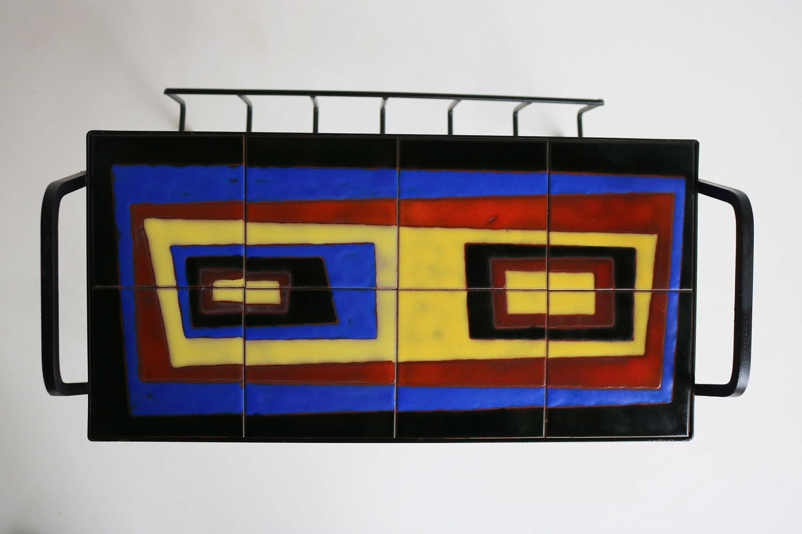 Juliette Belarti Style Vintage Handmade Tile Top Iron Magazine Rack 50s Funky Magazine Holder Retro Side Table Mid Century Newspaper Rack photo Woonaccessoires