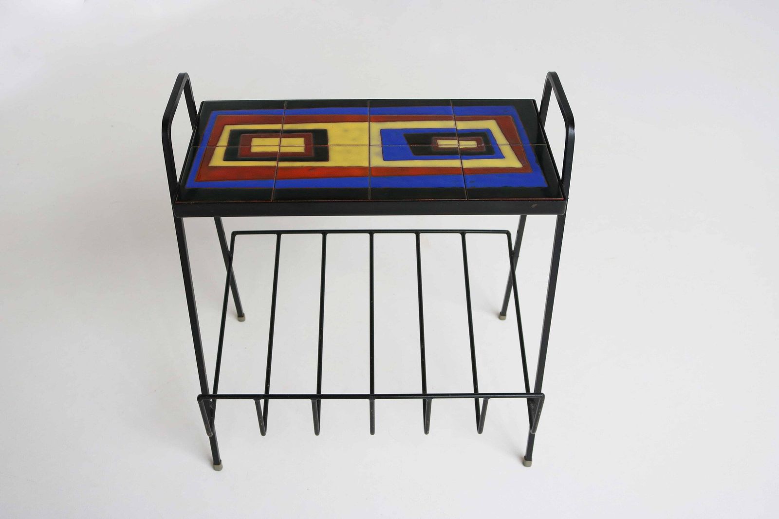 Juliette Belarti Style Vintage Handmade Tile Top Iron Magazine Rack 50s Funky Magazine Holder Retro Side Table Mid Century Newspaper Rack photo 445.0