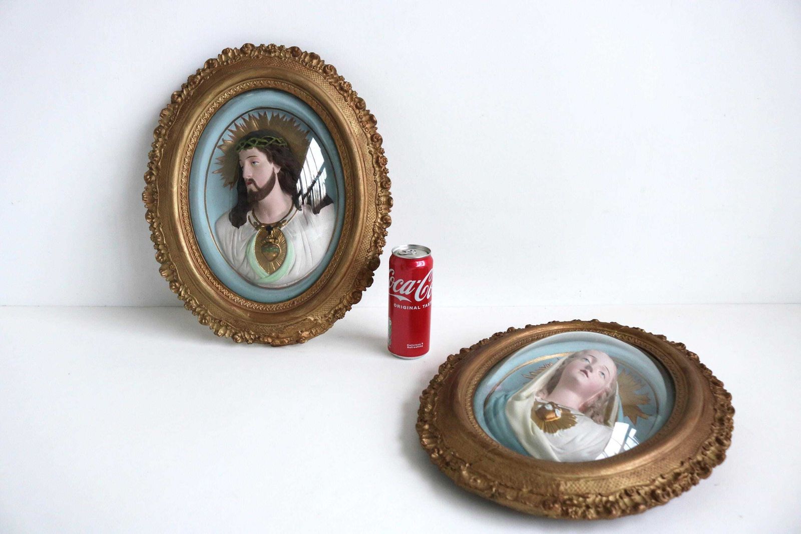 Couple Antique French Victorian Religious Jesus Christ And Virgin Mary Secret Heart Plaques Oval Plaster Wall Frames Convex Glass Domes 1900 photo vintage