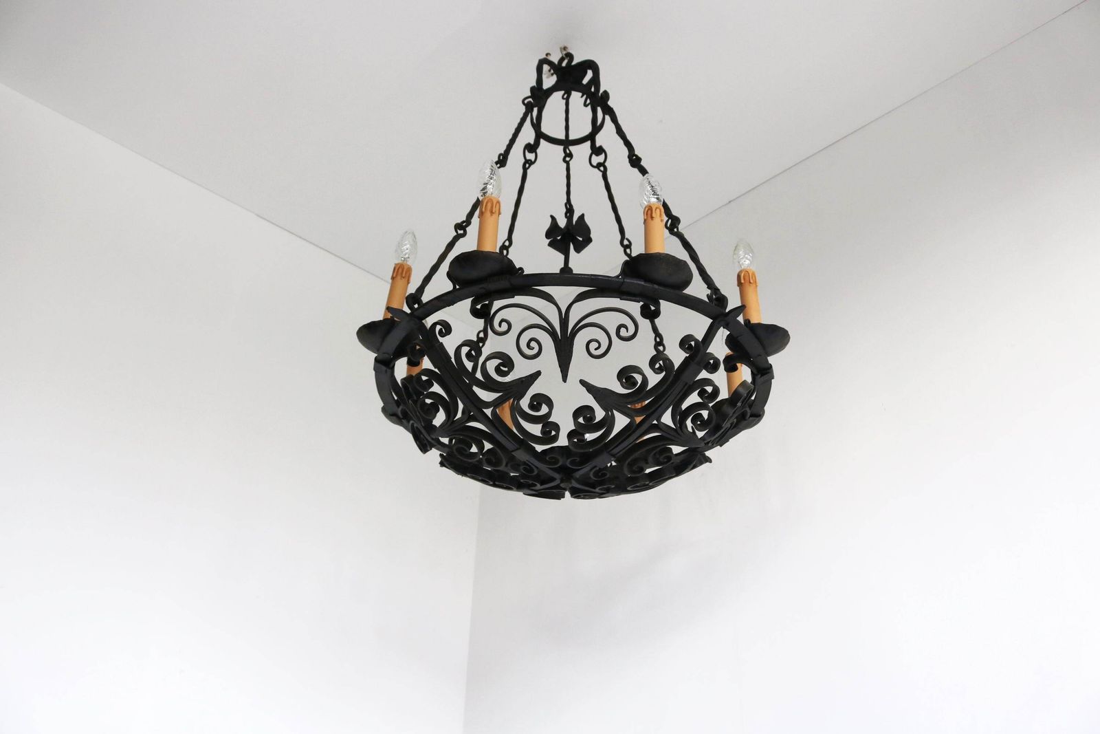 Large Wrought Iron Antique Castle Chandelier Arts & Crafts Round Pendant Light Fixture Hands Made Dome Crown Chains Late 19th Century photo furniture