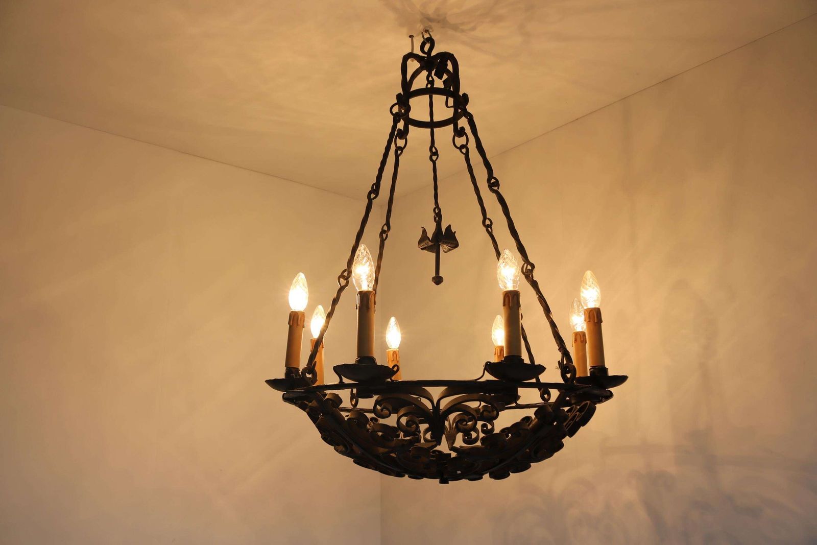 Large Wrought Iron Antique Castle Chandelier Arts & Crafts Round Pendant Light Fixture Hands Made Dome Crown Chains Late 19th Century photo for sale