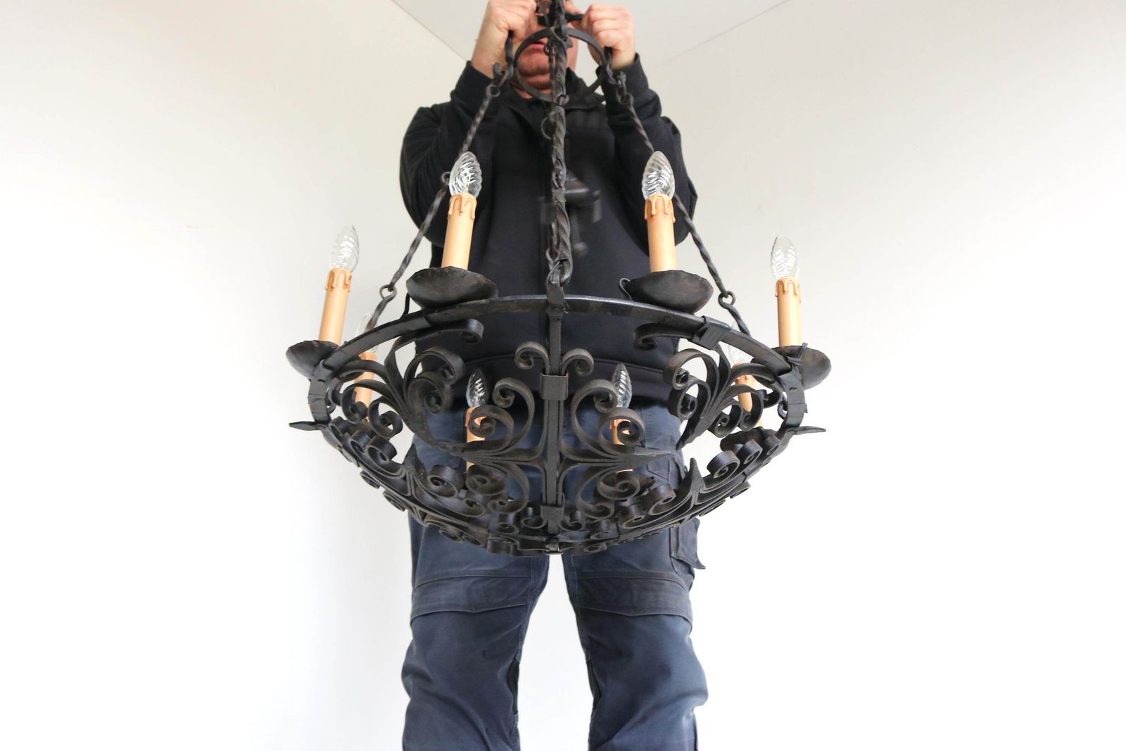photo furniture Large Wrought Iron Antique Castle Chandelier Arts & Crafts Round Pendant Light Fixture Hands Made Dome Crown Chains Late 19th Century