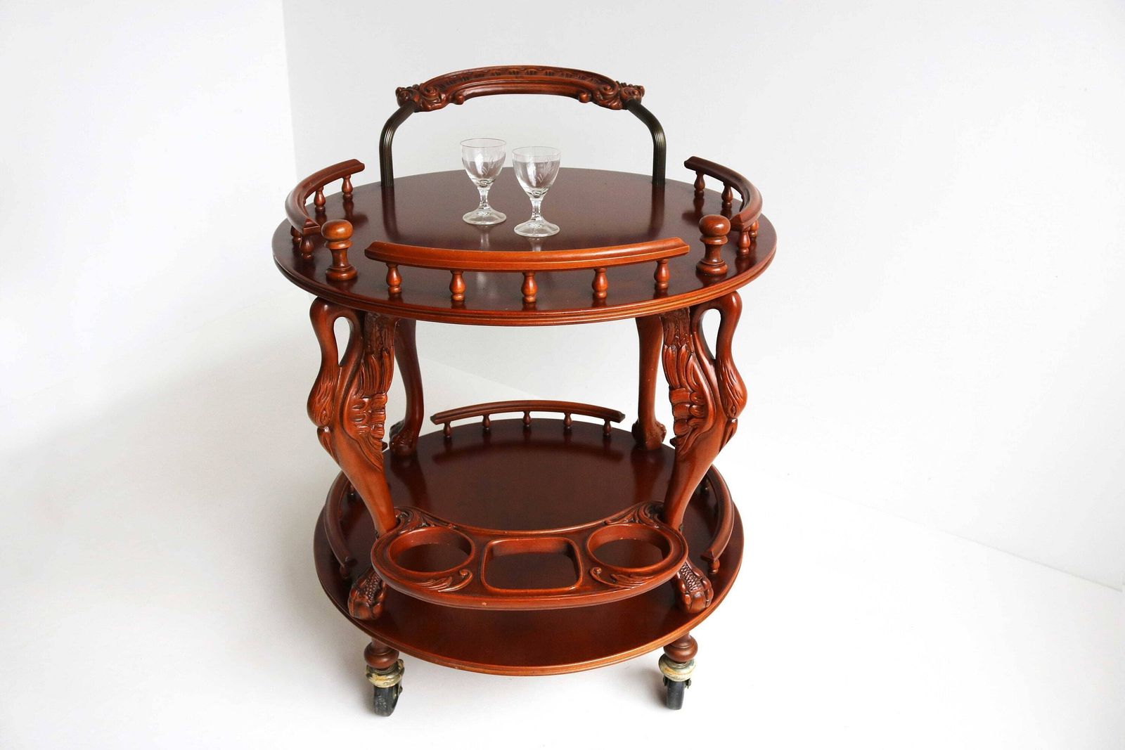 Mid Century Round Rolling Bar Or Tea Cart, Swan Sculptures Vintage Wooden Serving Trolley Three Bottle Holder Side Table On Wheels 1960s