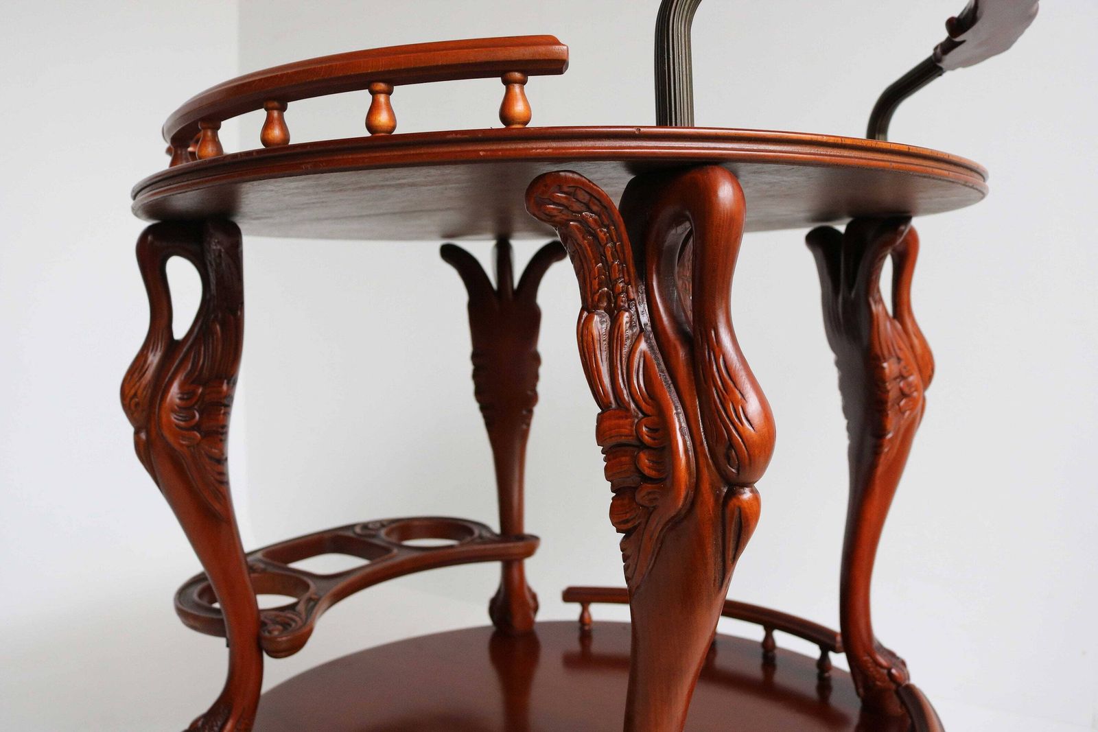 Mid Century Round Rolling Bar Or Tea Cart, Swan Sculptures Vintage Wooden Serving Trolley Three Bottle Holder Side Table On Wheels 1960s photo furniture