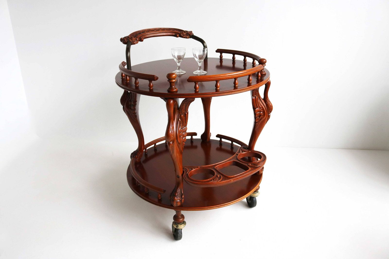 Mid Century Round Rolling Bar Or Tea Cart, Swan Sculptures Vintage Wooden Serving Trolley Three Bottle Holder Side Table On Wheels 1960s photo buy