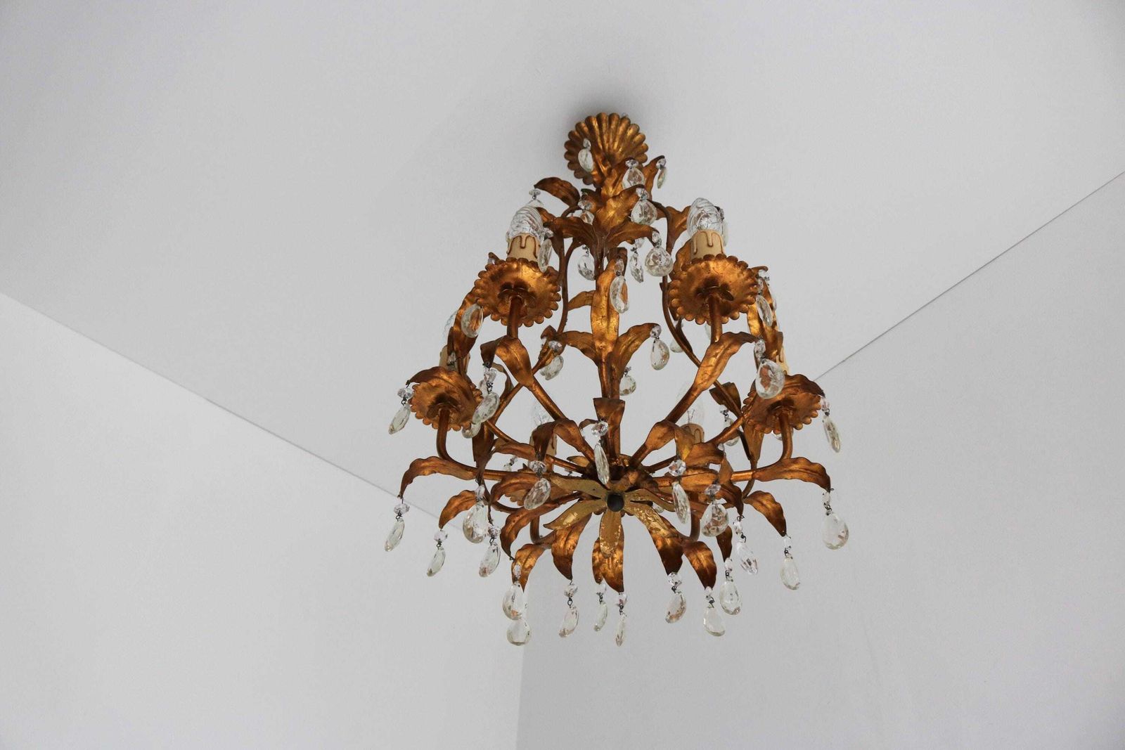Italian Patinated Gold Leaf Chandelier Hanging Crystals Florentine Tole Pendant Ceiling Light Gold Plated Metal Hollywood Regency 1950s photo buy