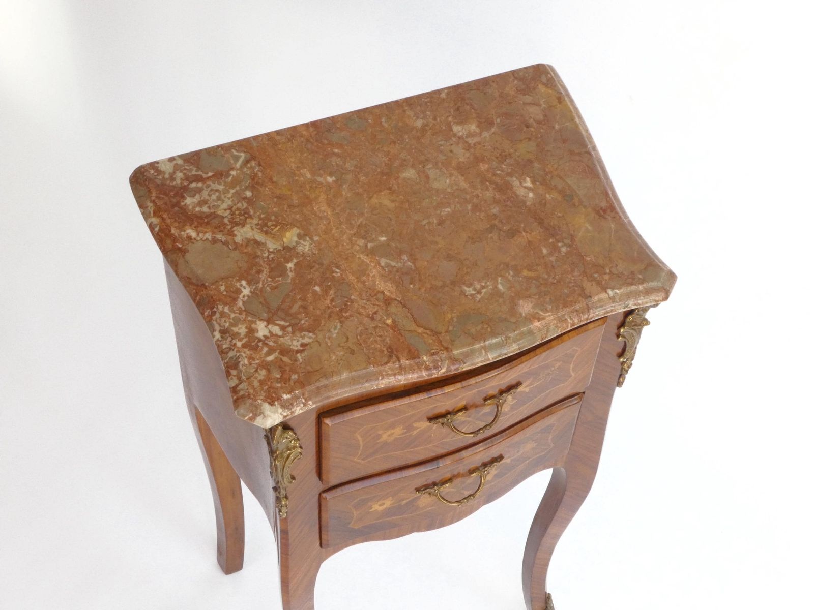 Antique Louis XV Style Side Table With Brown Marble Top, Small Chest With Brass Details, Wonderful Wooden Nightstand With Marquetry Details photo Furniture