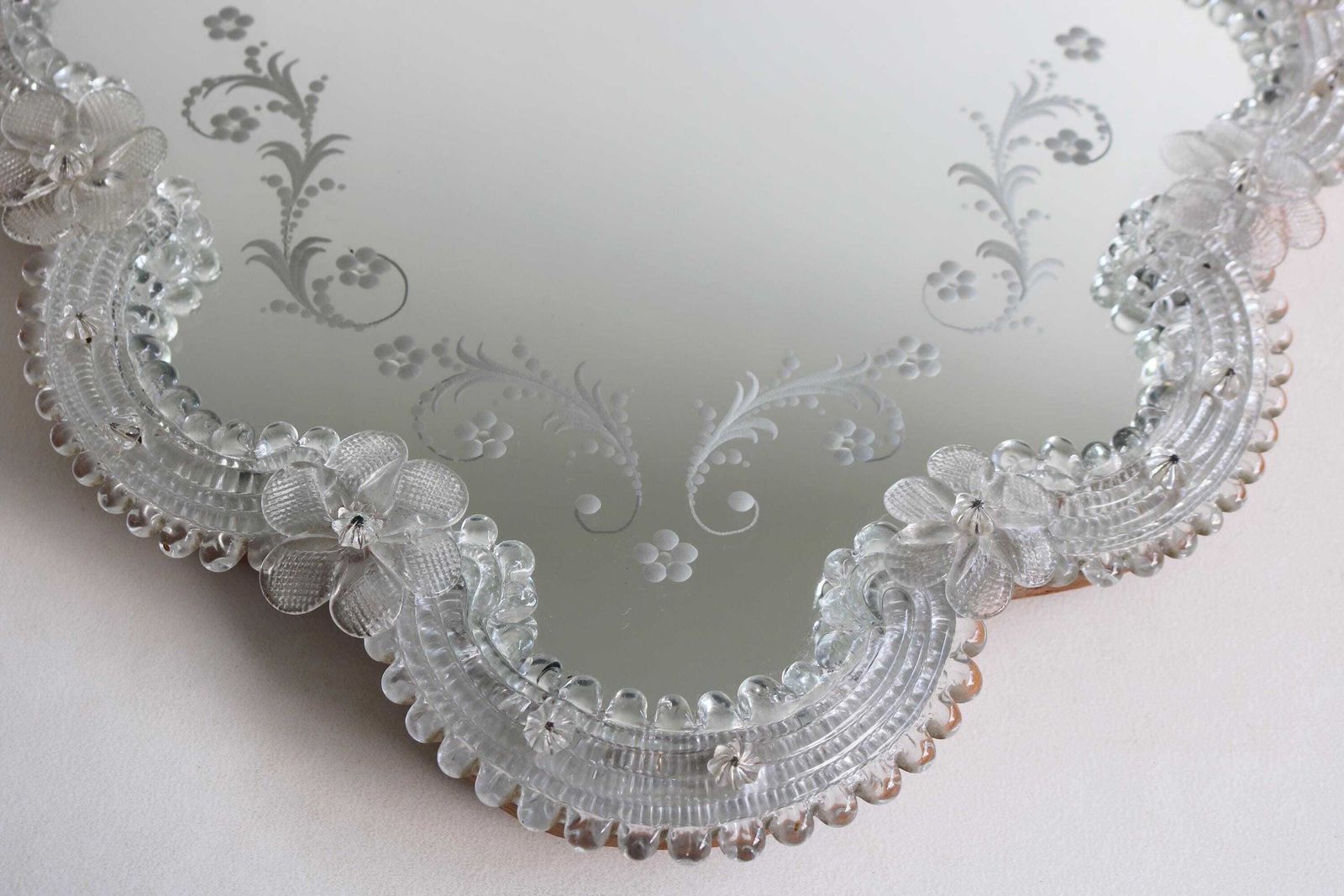 Italian Venetian Murano Glass Mirror Engraved Hand Crafted Hand Blown Flowers Mid Century 1950s photo for sale